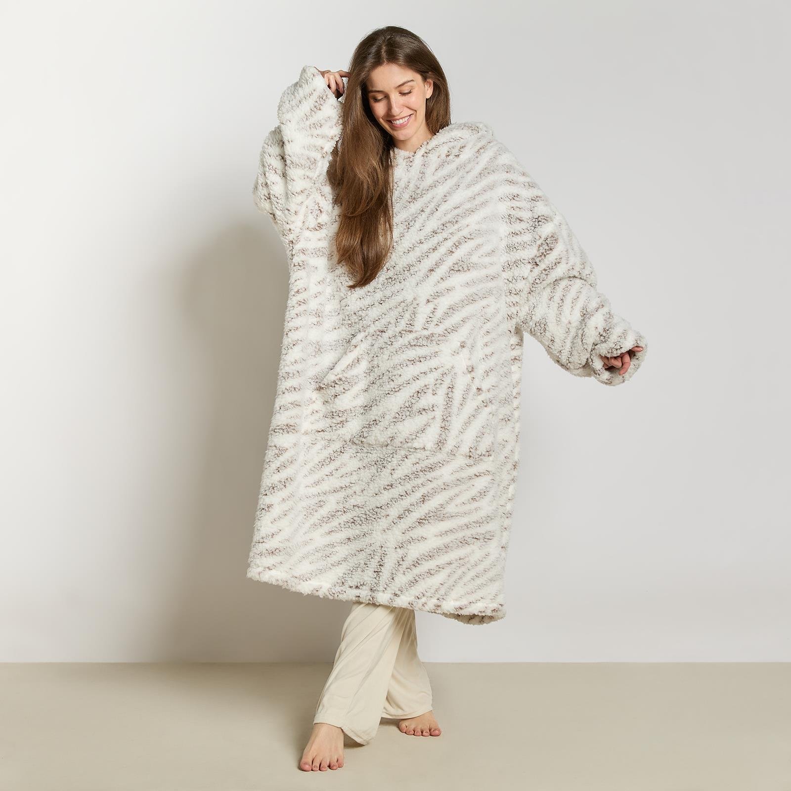 OHS Zebra Print Teddy Marl Hoodie Blanket - Extra Long - Mink