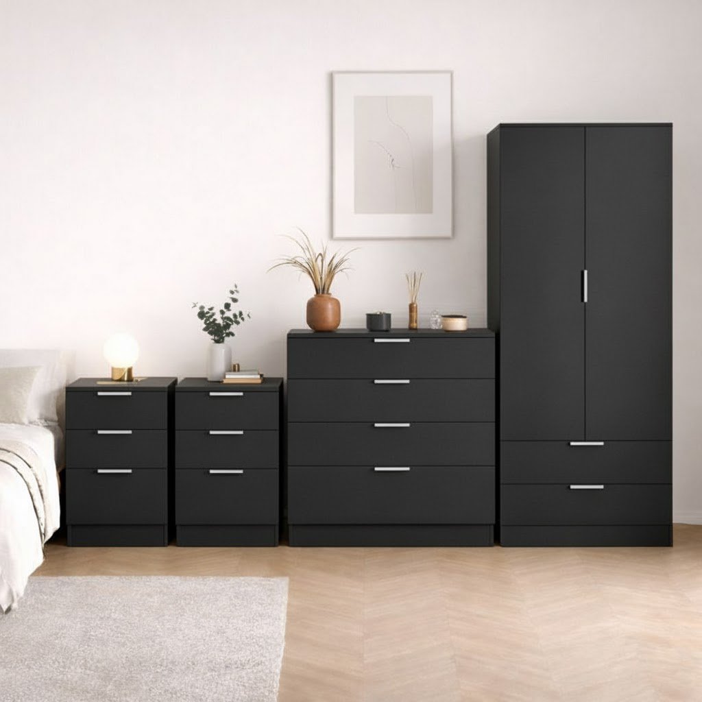 Vida Designs Trega Bedroom Set (Bedsides, 4 Drawer Chest, 2x2 Wardrobe) - Black