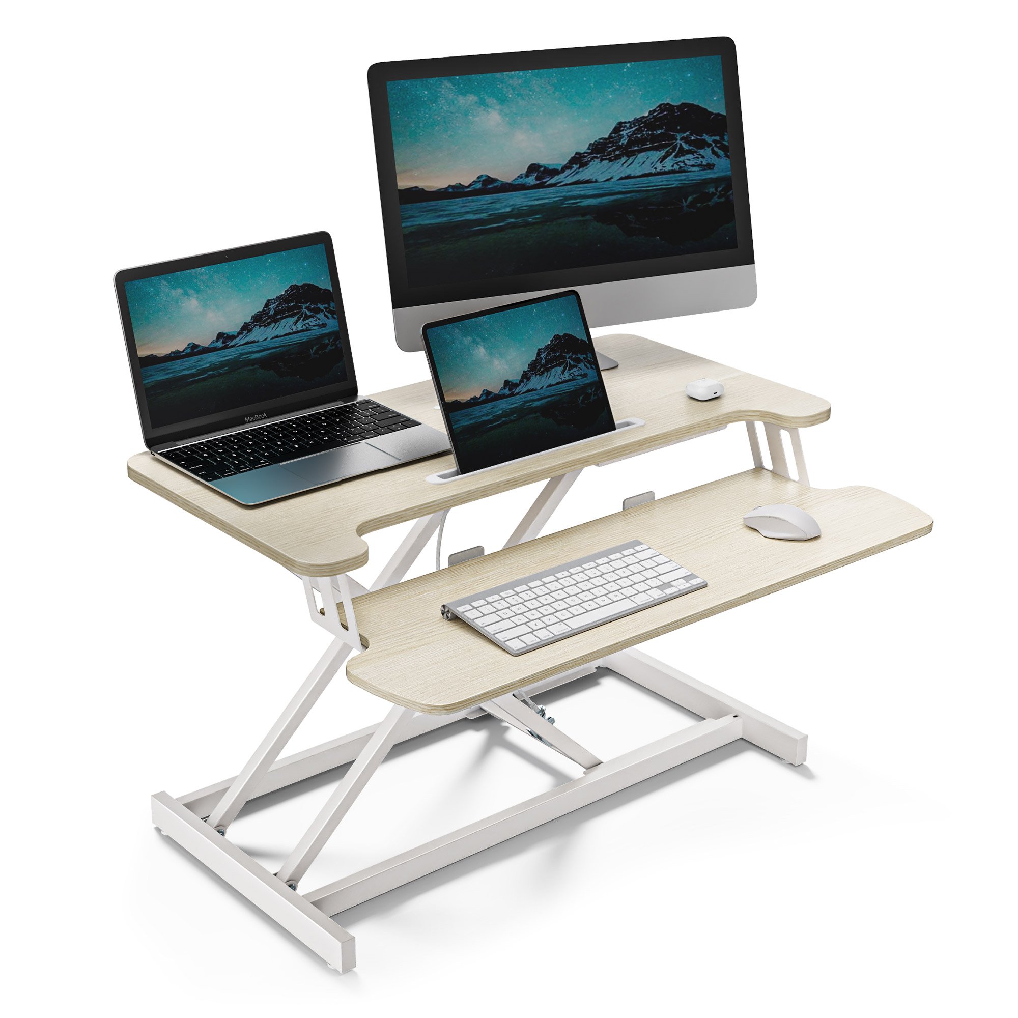 Vonhaus Height Adjustable Home Office Standing Desk Converter - Light Wood