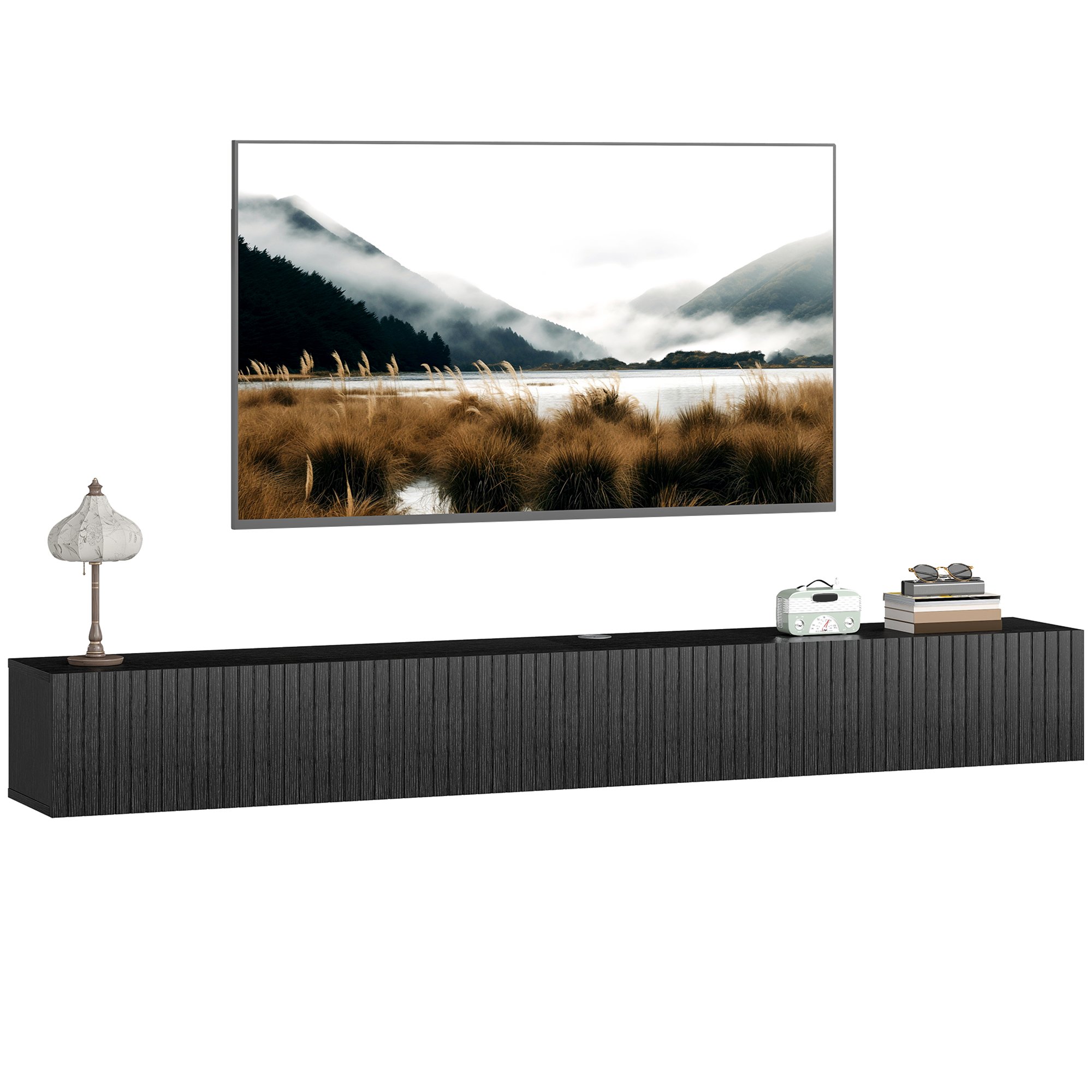 HOMCOM Fluted Flip-Down Doors Wall Mount TV Stand Cabinet - Black