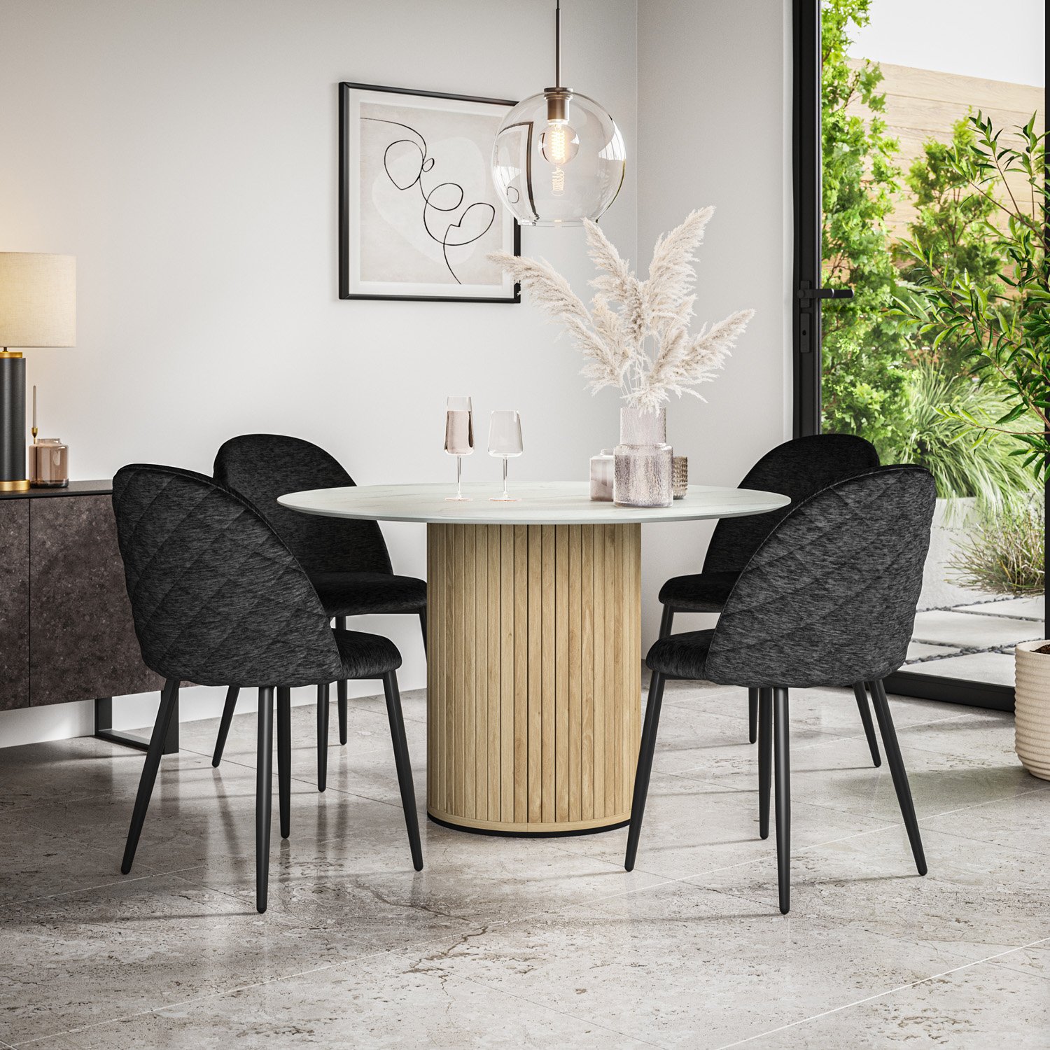 Furniture Online Arlo Raye Marble Top w Oak Legs Dining Table & 6 Black Chairs
