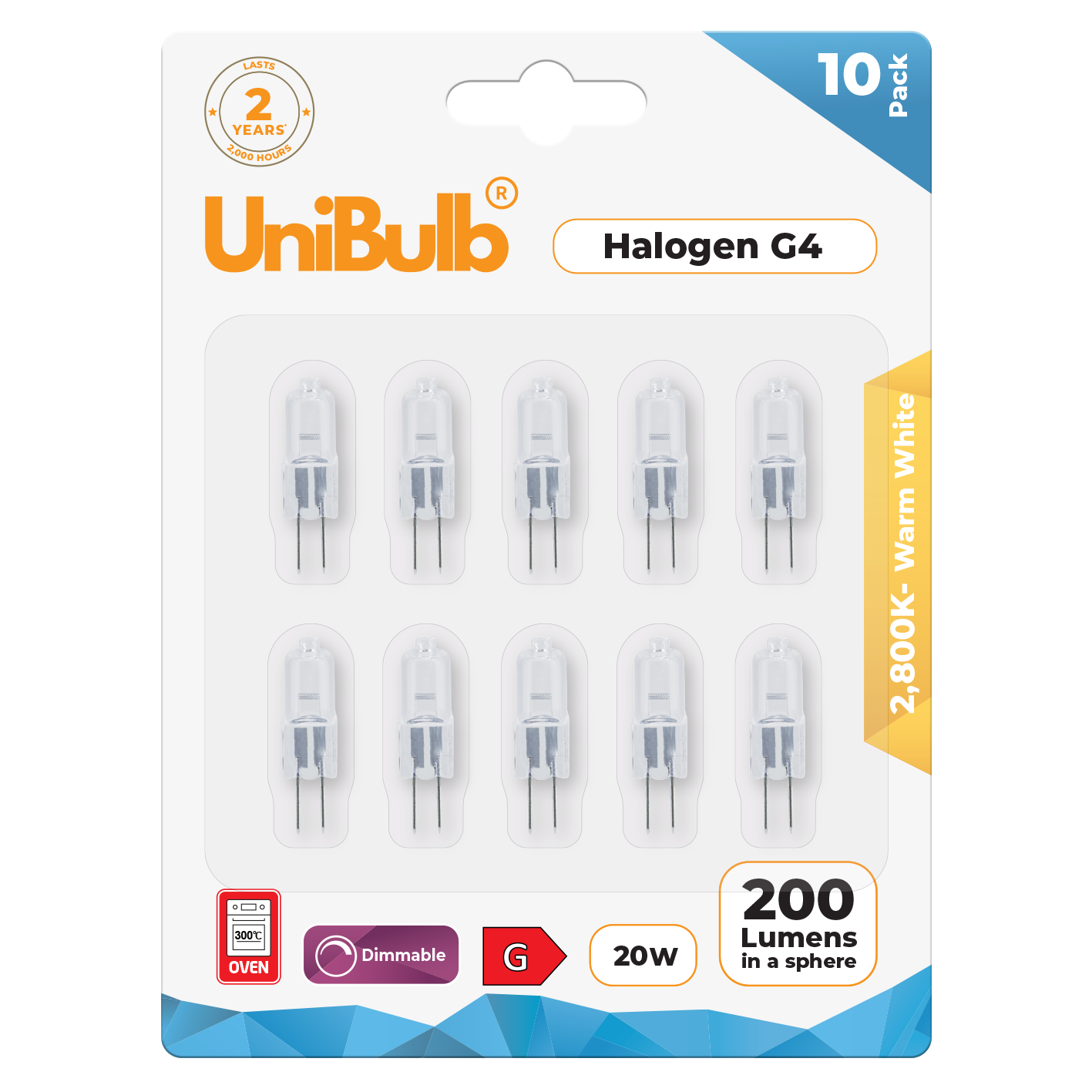 UniBulb 20W Halogen Dimmable Capsule G4 Light Bulb - Pack of 10
