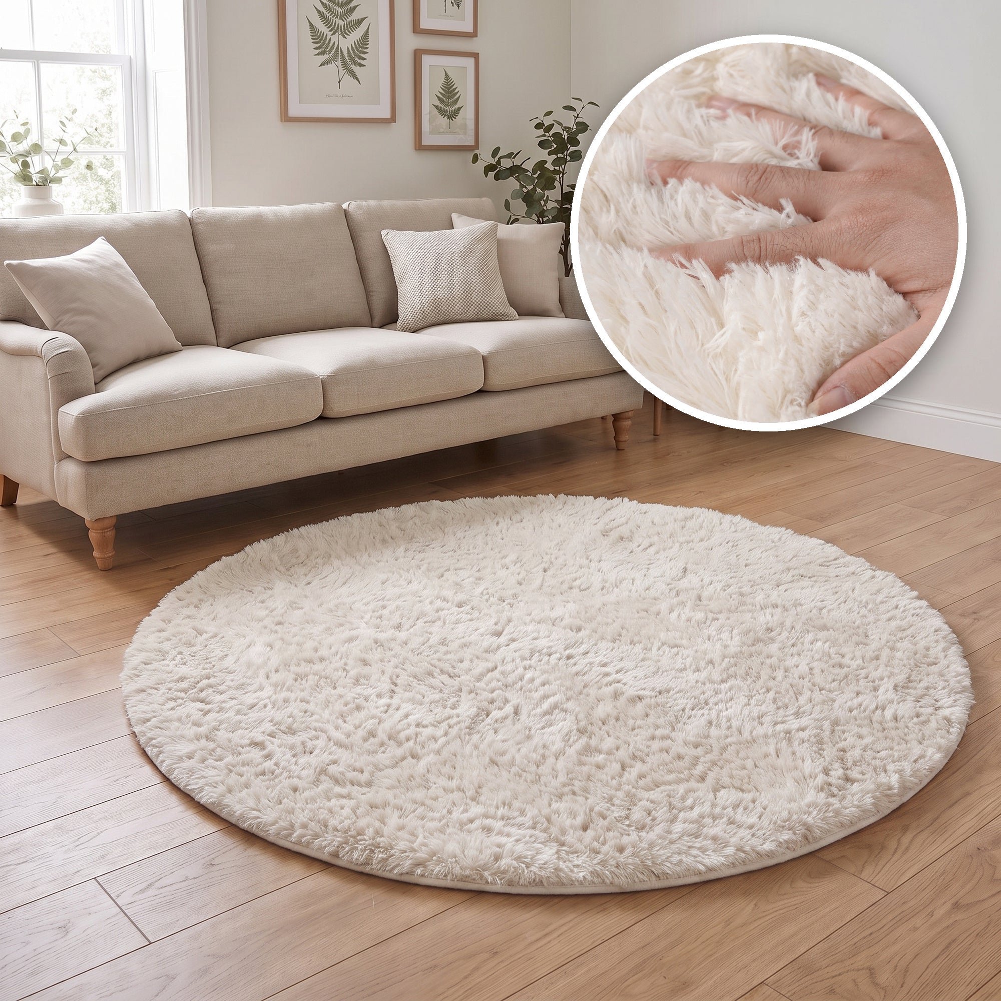 The Rugs Cream Lush Plain Washable Non Slip Shaggy Round Rug - 80cm
