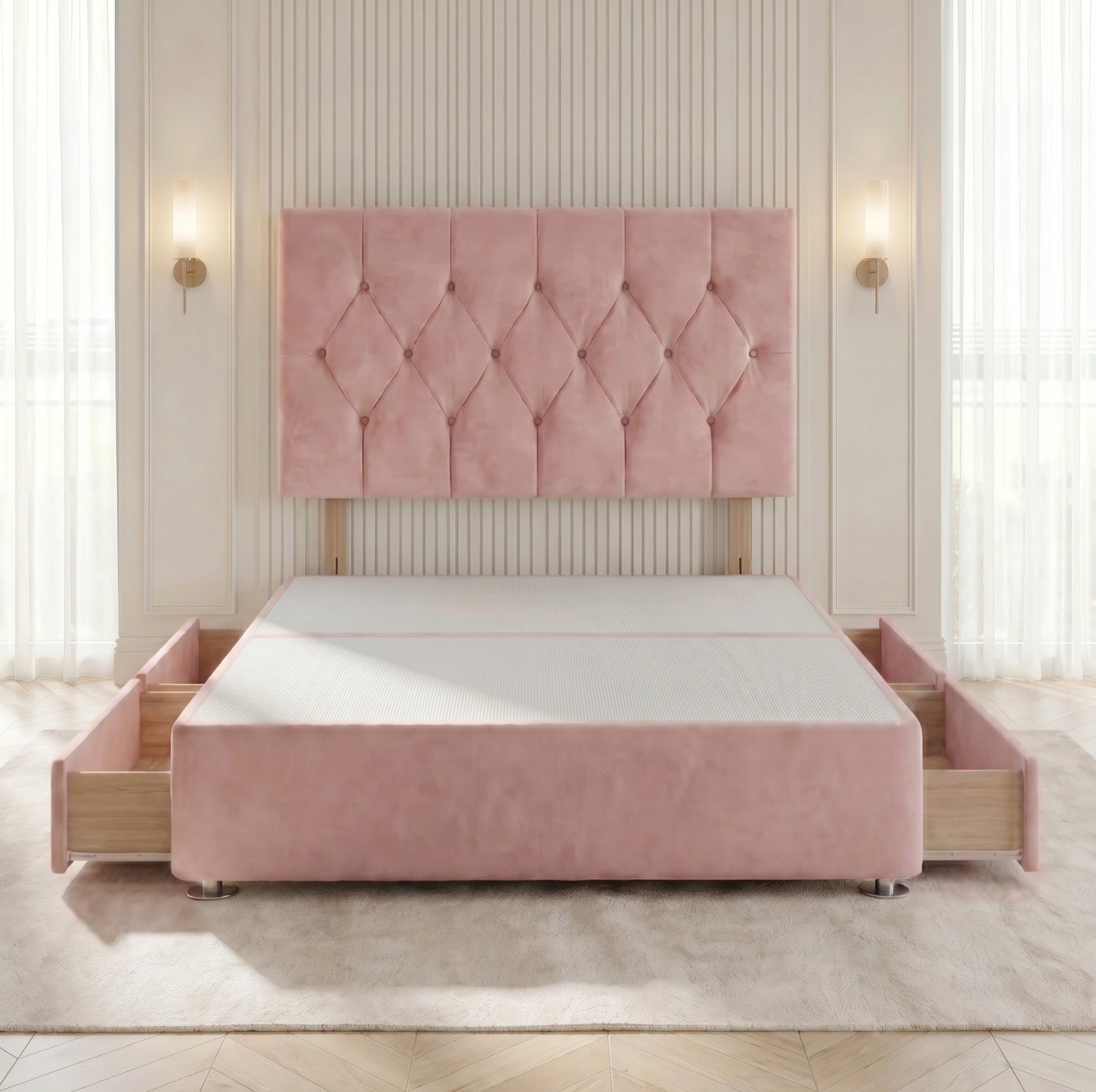 Somnior Chester Velvet Small Double 4 Drawer Divan Bed with Headboard - Pink