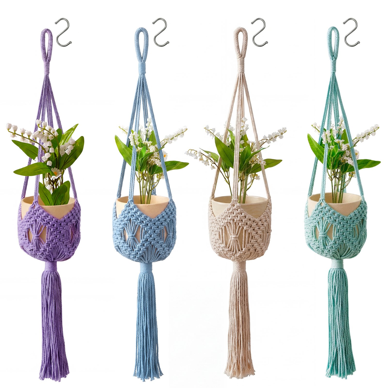 deAO Hanging Plant Holder Cotton Set of 4 - Multi Colour