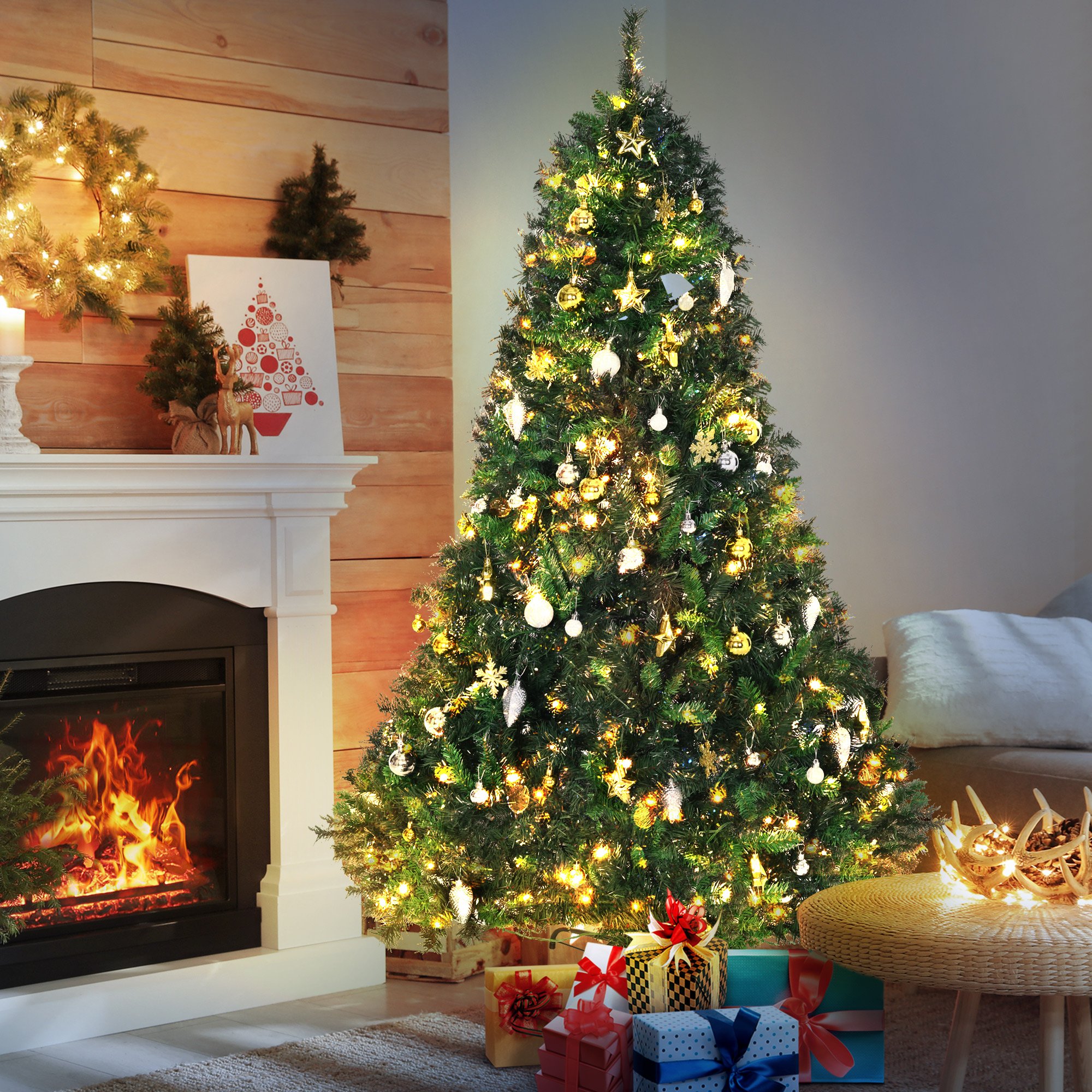 HOMCOM 6ft Prelit Christmas Tree with 200 LEDs and Metal Stand - Green
