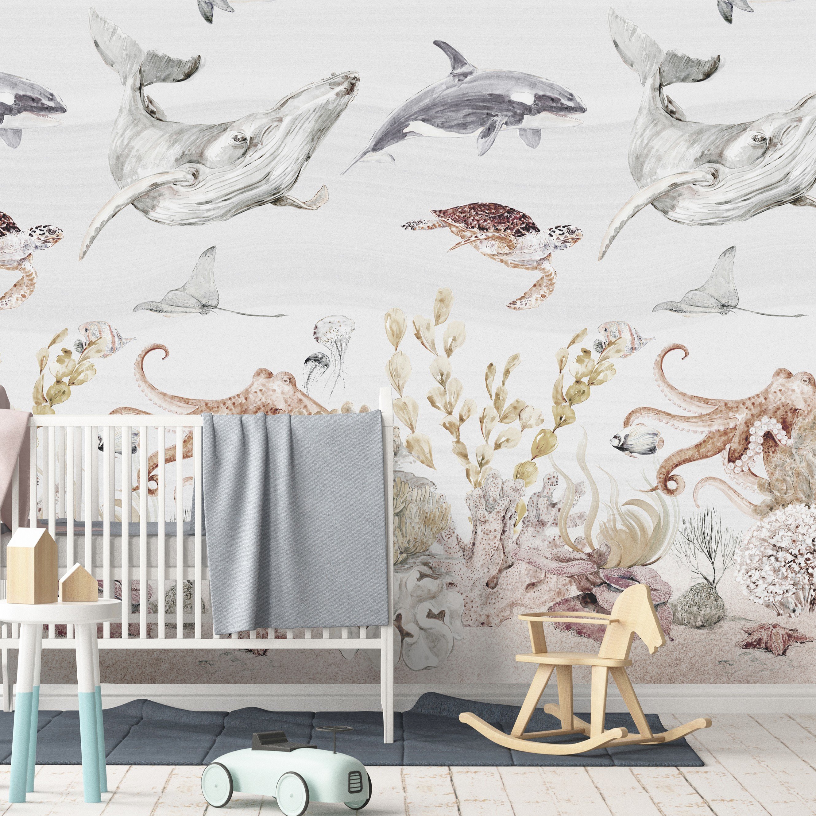 Grandeco  SeaLife Reef Nursery 3 Lane Repeatable Wallpaper Mural   - Neutral