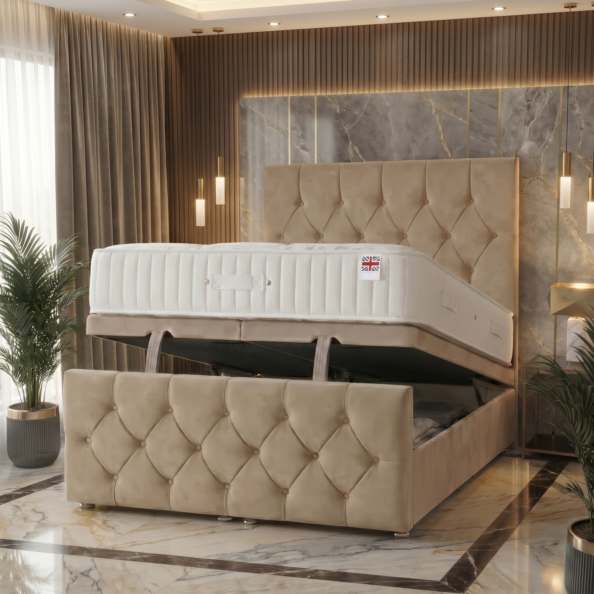 Somnior Chester Velvet King Ottoman Bed with Ortho Mattress - Beige