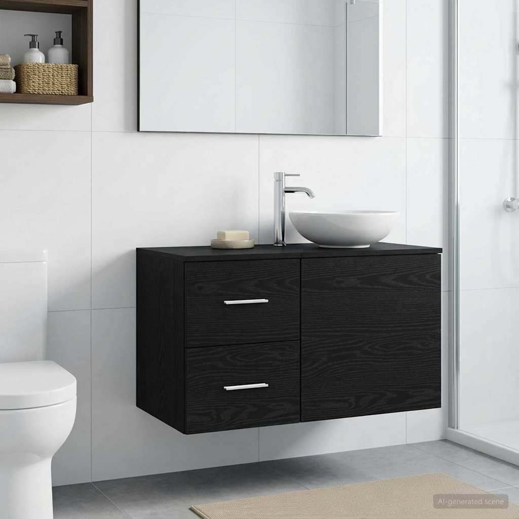 Walplus Wood Bathroom Cabinet with 2 Drawers - Black Oak - 30 x 44.5 x 50 cm