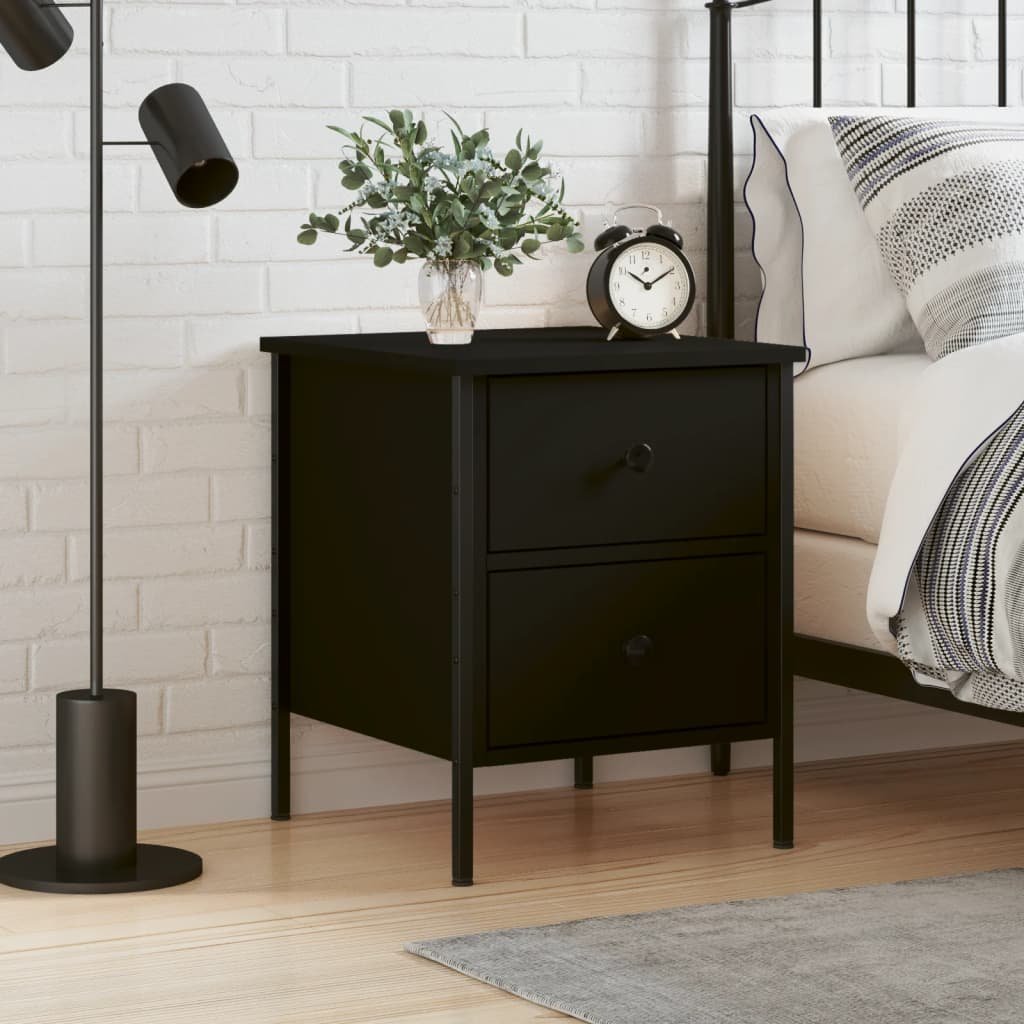 Walplus 2 Drawer Engineered Wood Bedside Cabinet - Black - 40 x 42 x 50 cm