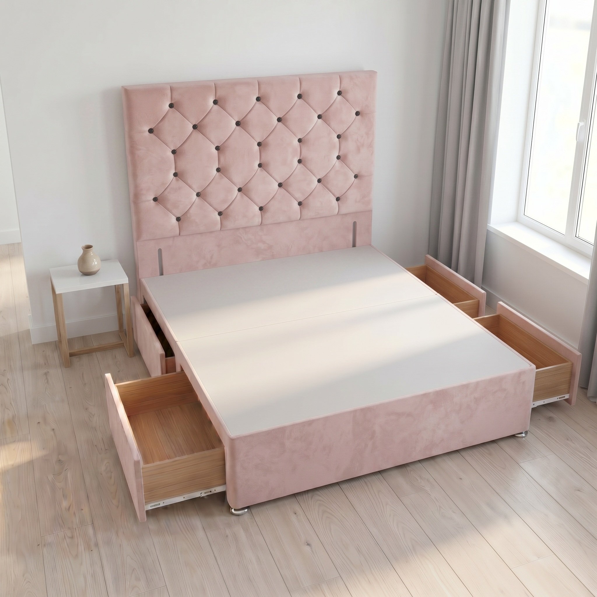 Somnior Diamante Velvet 4FT Small Double 4 Drawer Divan Bed Base - Pink
