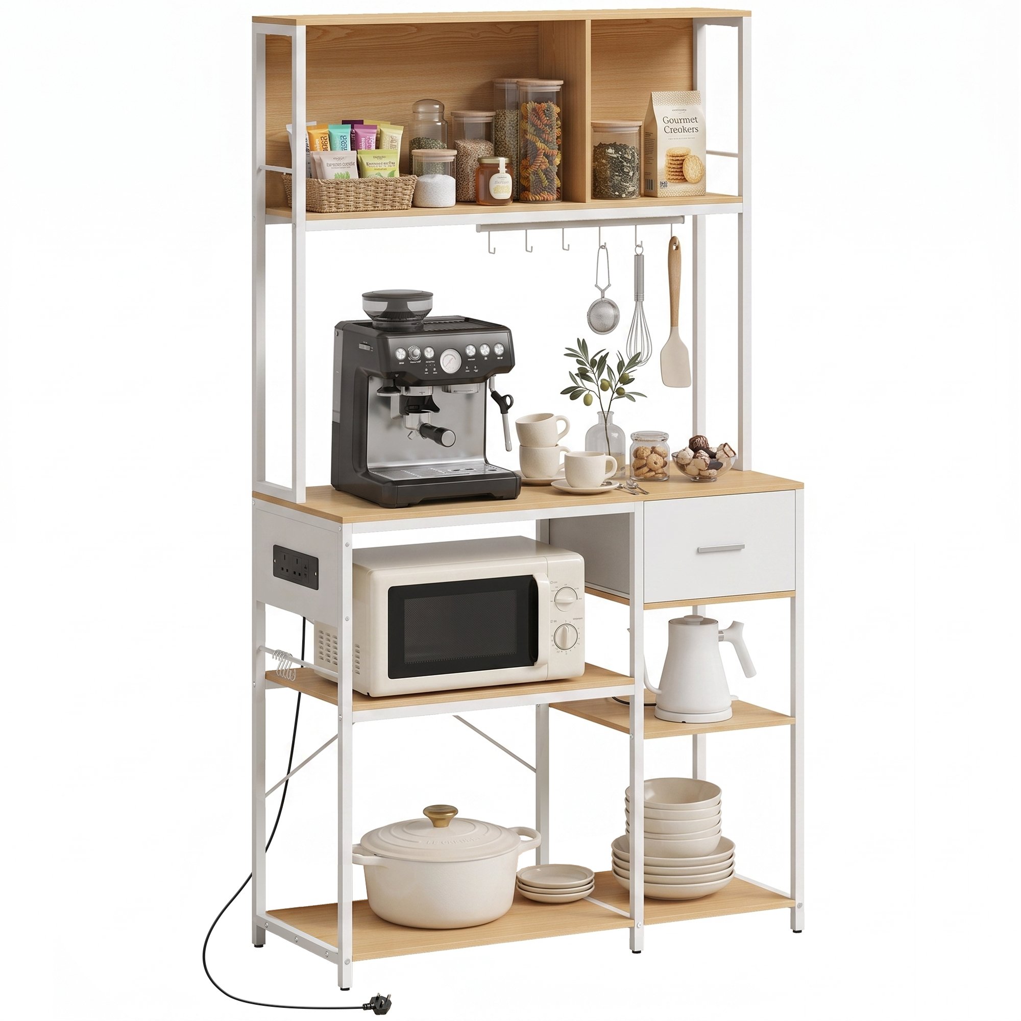 HOMCOM Kitchen Bakers Rack with Power Outlet and Drawer - Oak and White