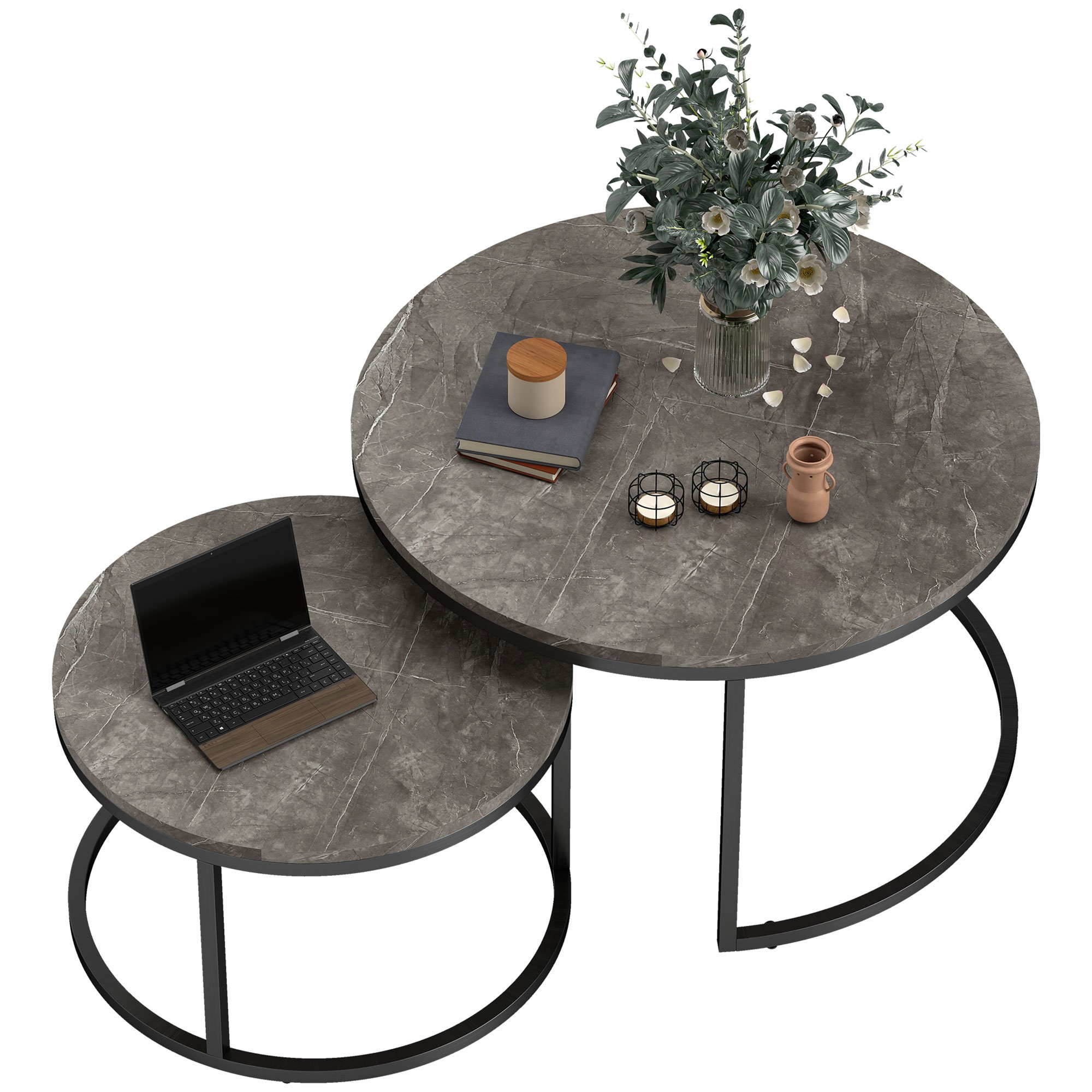 HOMCOM Set of 2 Round Coffee Table with Steel Frame - Marble Dark Grey