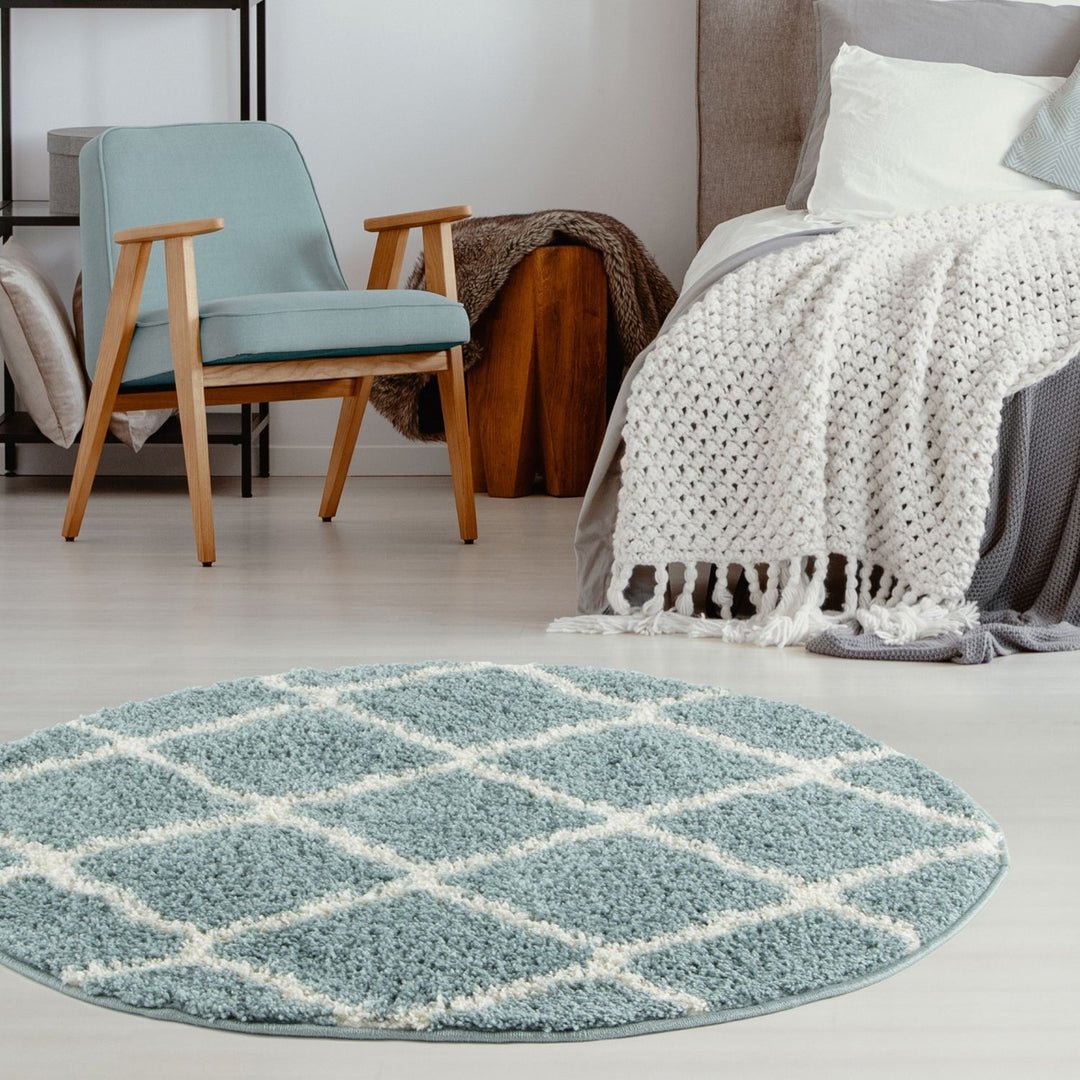 The Rugs Duck Egg Blue Moroccan Shaggy Lattice Round Rug - 120cm