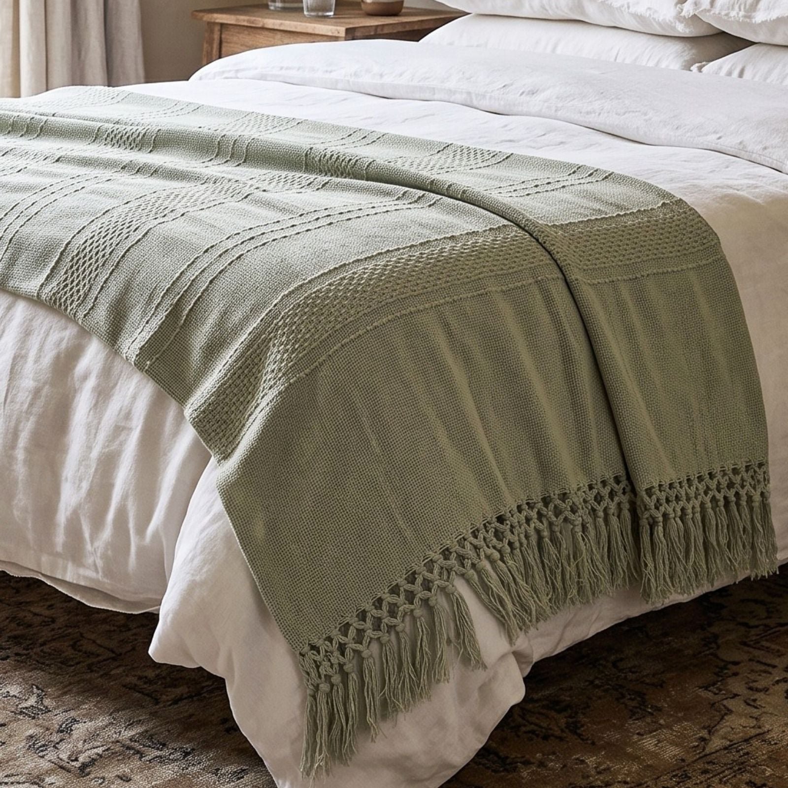Homescapes Cotton Kashi Textured Throw - 255 x 360 cm - Sage Green
