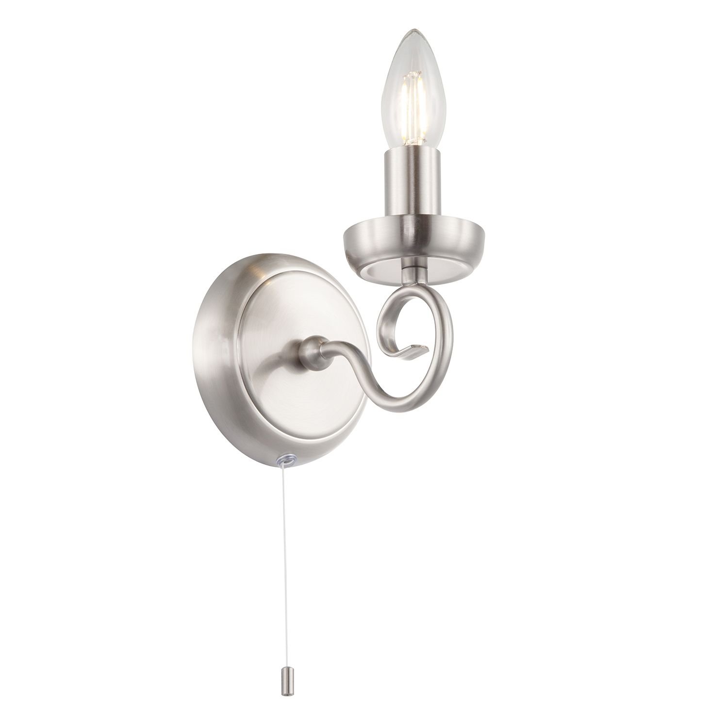 Happy Homewares Satin Nickel with Scroll Arm and Pull Switch Wall Light - 12cm