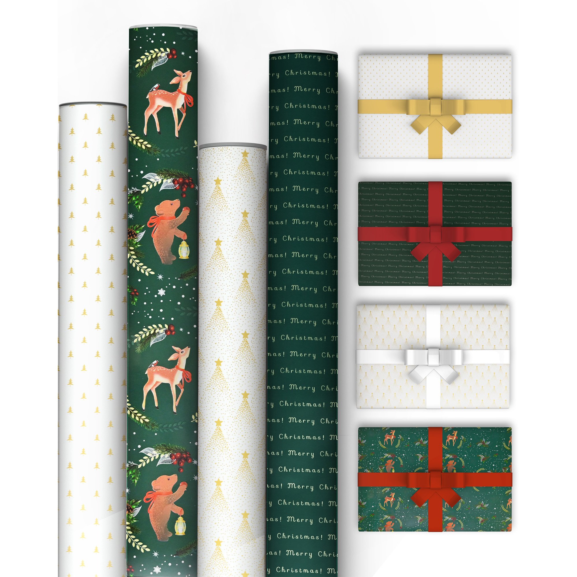 Kraft & Co Pack of 4 69cm x 8m Christmas Wrapping Paper Rolls - Festive