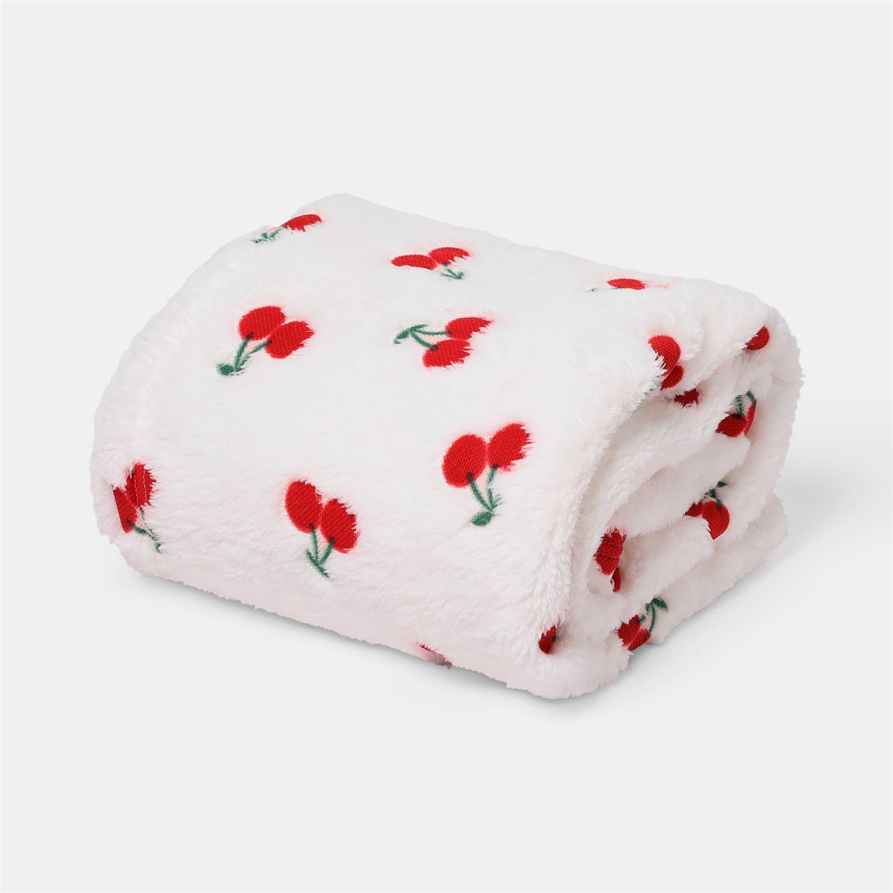 OHS Cherry Embossed Soft Fleece Throw - 125 x 150cm - Cream/Red