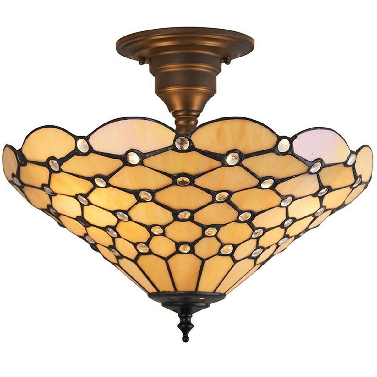 Loops Direct Tiffany Glass and Steel Semi-Flush Ceiling Light - Amber 3 Lights