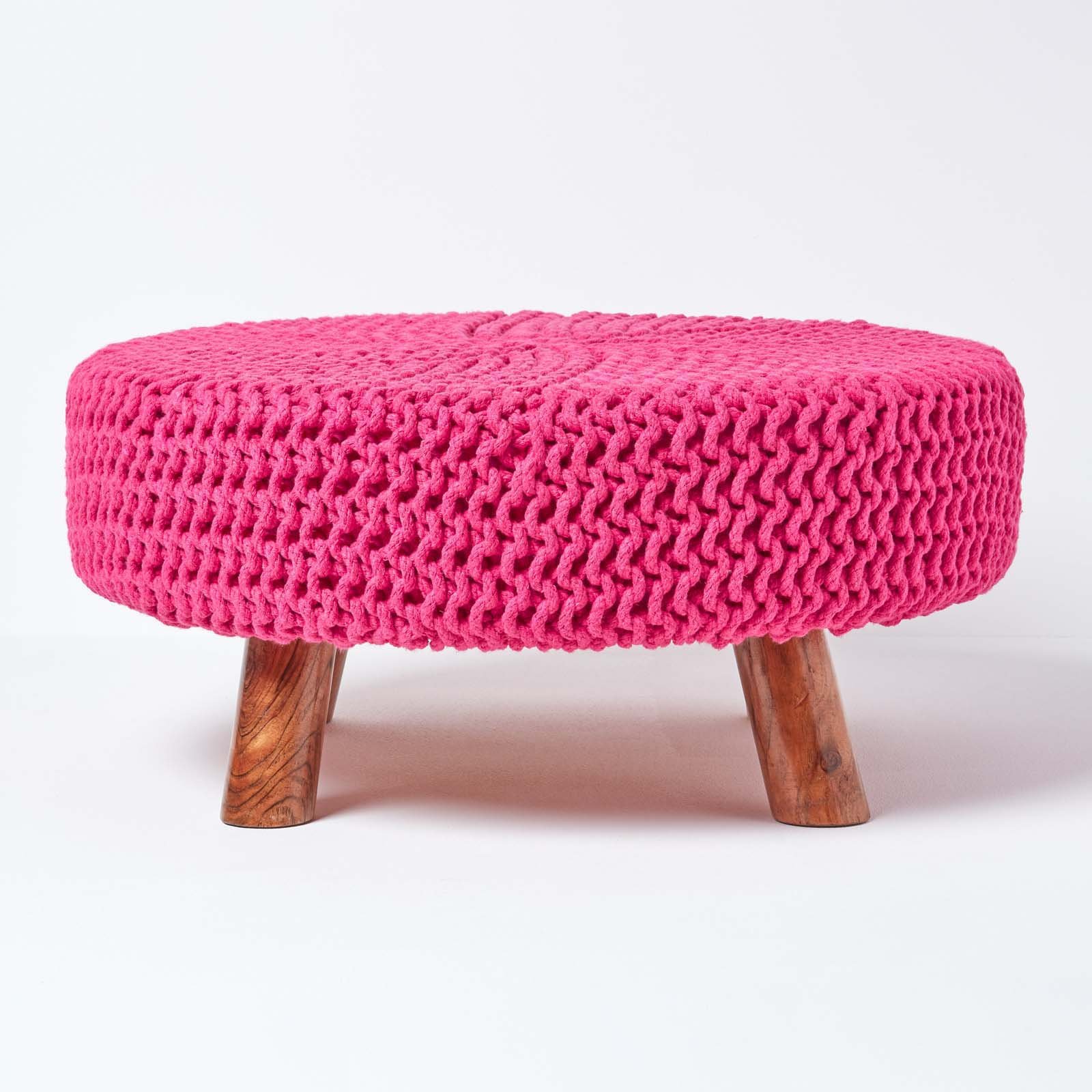 Homescapes Large Round Cotton Knitted Footstool with Legs – Hot Pink