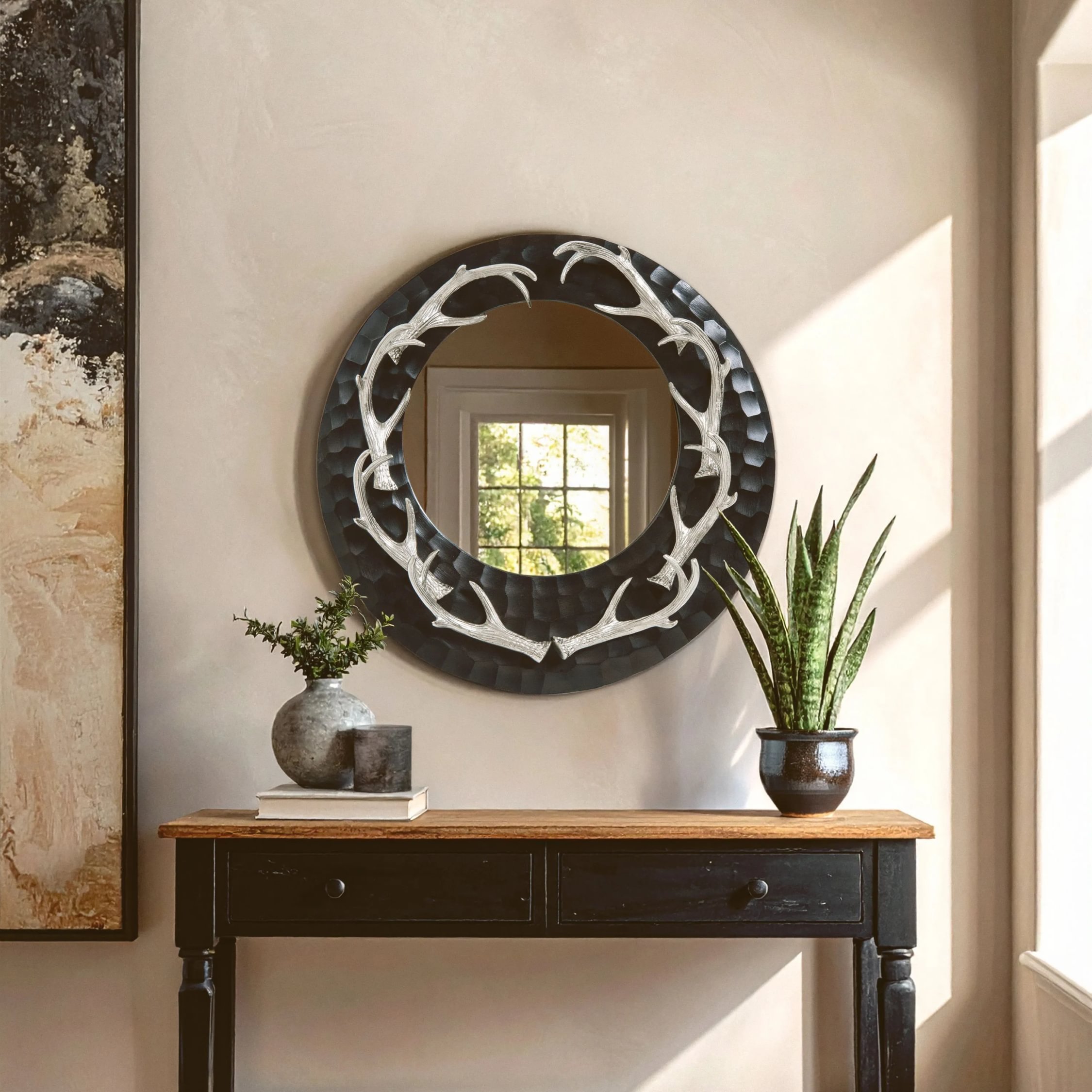 Orsina Stag Antler Brown and Nickel Finish Round Wall Mirror – Black