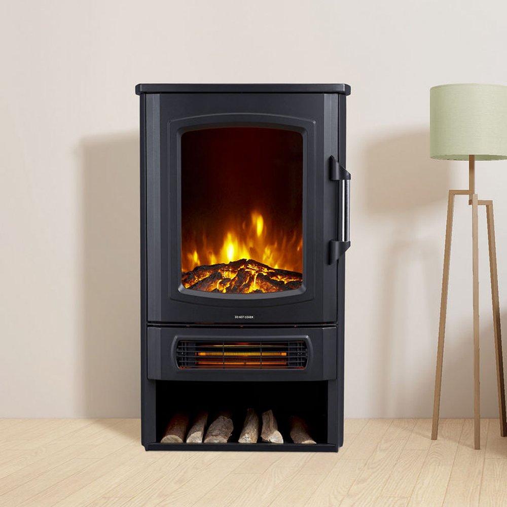 Neo 1000W / 2000W Electric Heater With Realistic Flame and Log Store - Black