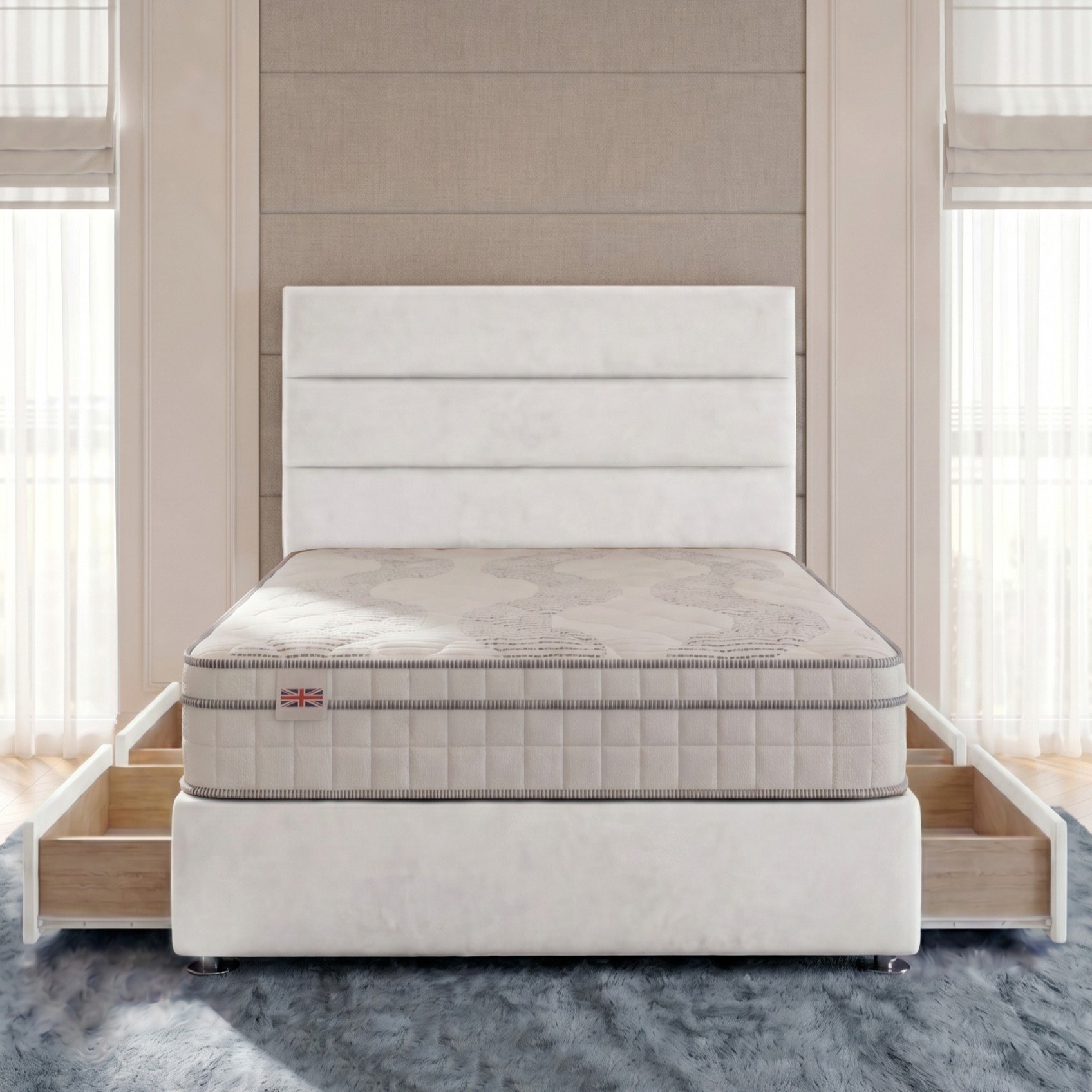Somnior Regent Velvet Small Double 4 Draw Pocket Mattress Divan Bed Set - White