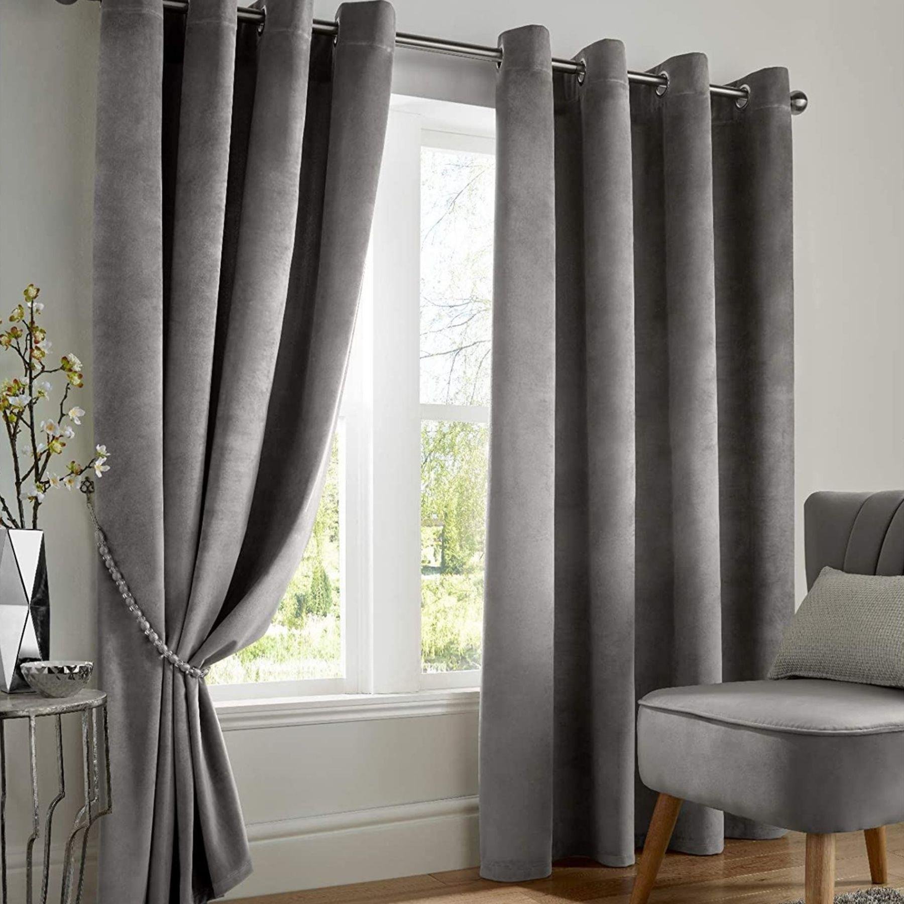 Alan Symonds Velvet Blackout Eyelet Curtains - Silver - 168 x 229cm