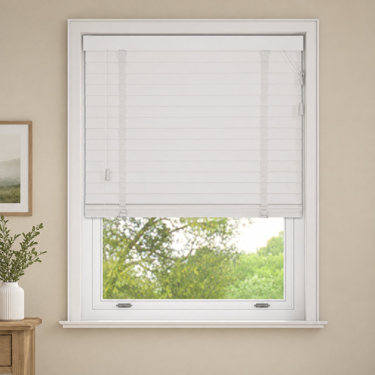 New Edge Blinds White Faux Wood Venetian Blind with Tapes - 150cm x 130cm