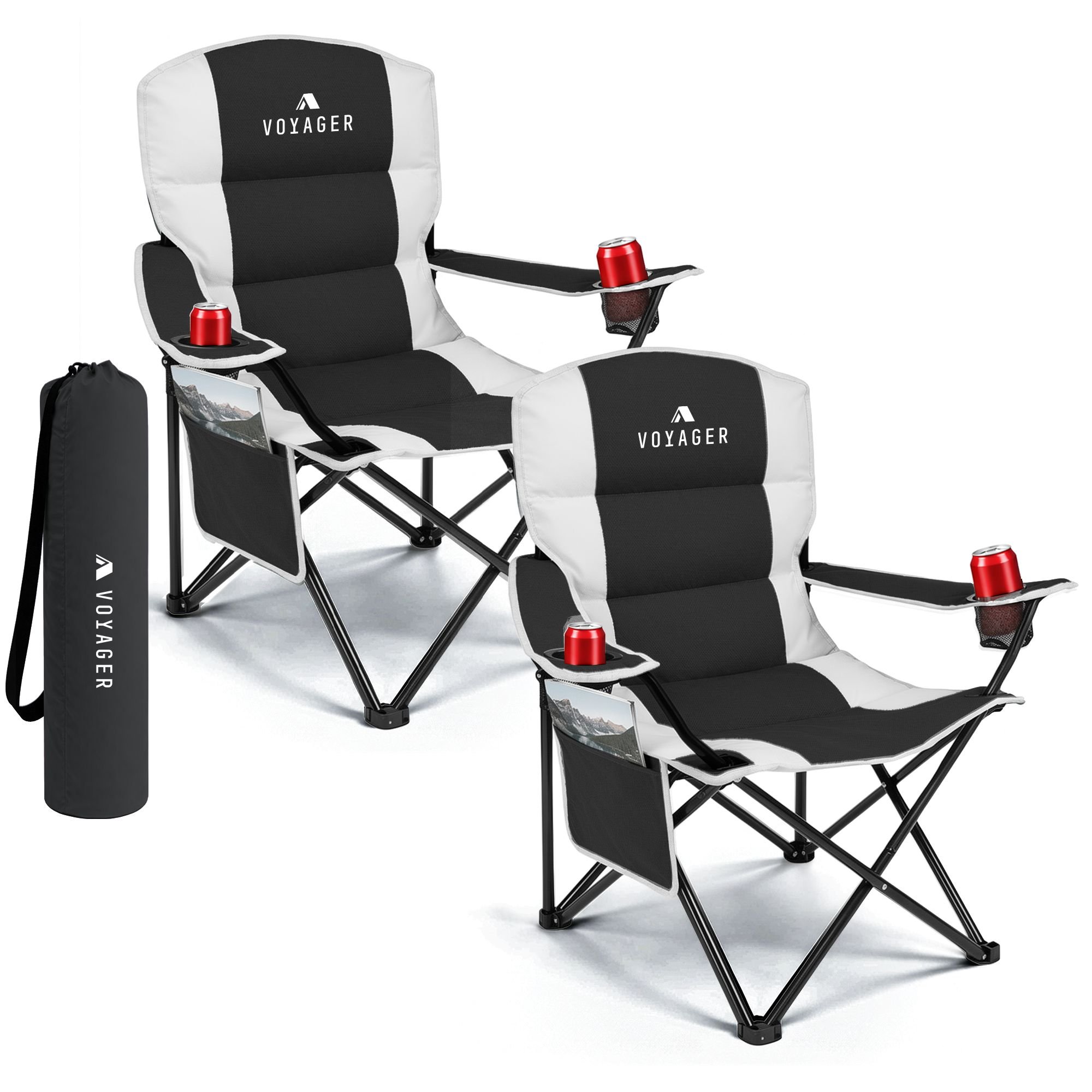 Voyager Set of 2 Padded Folding Camping Chairs - Black