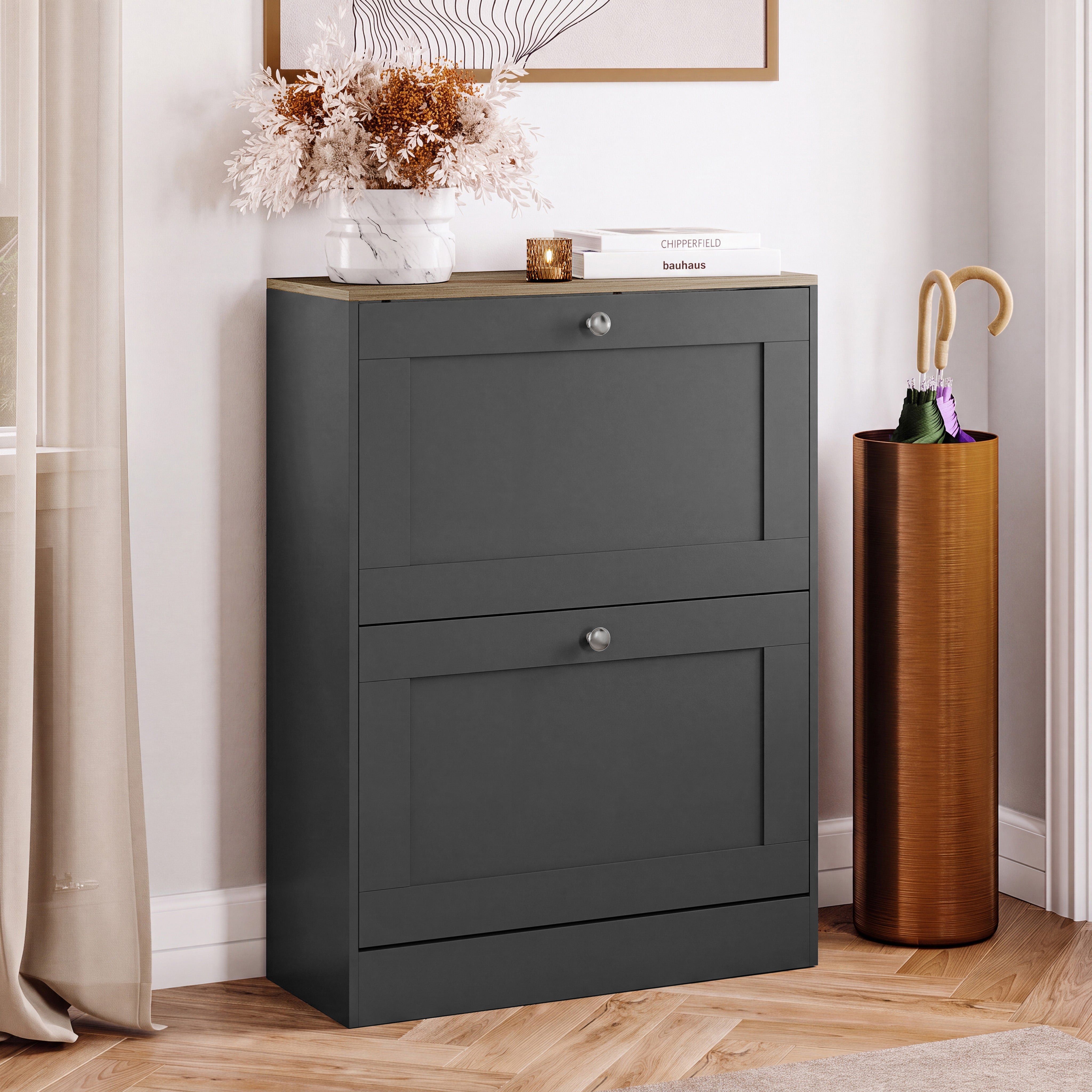 Vida Designs 2 Drawer Shoe Cabinet - Charcoal Grey & Oak