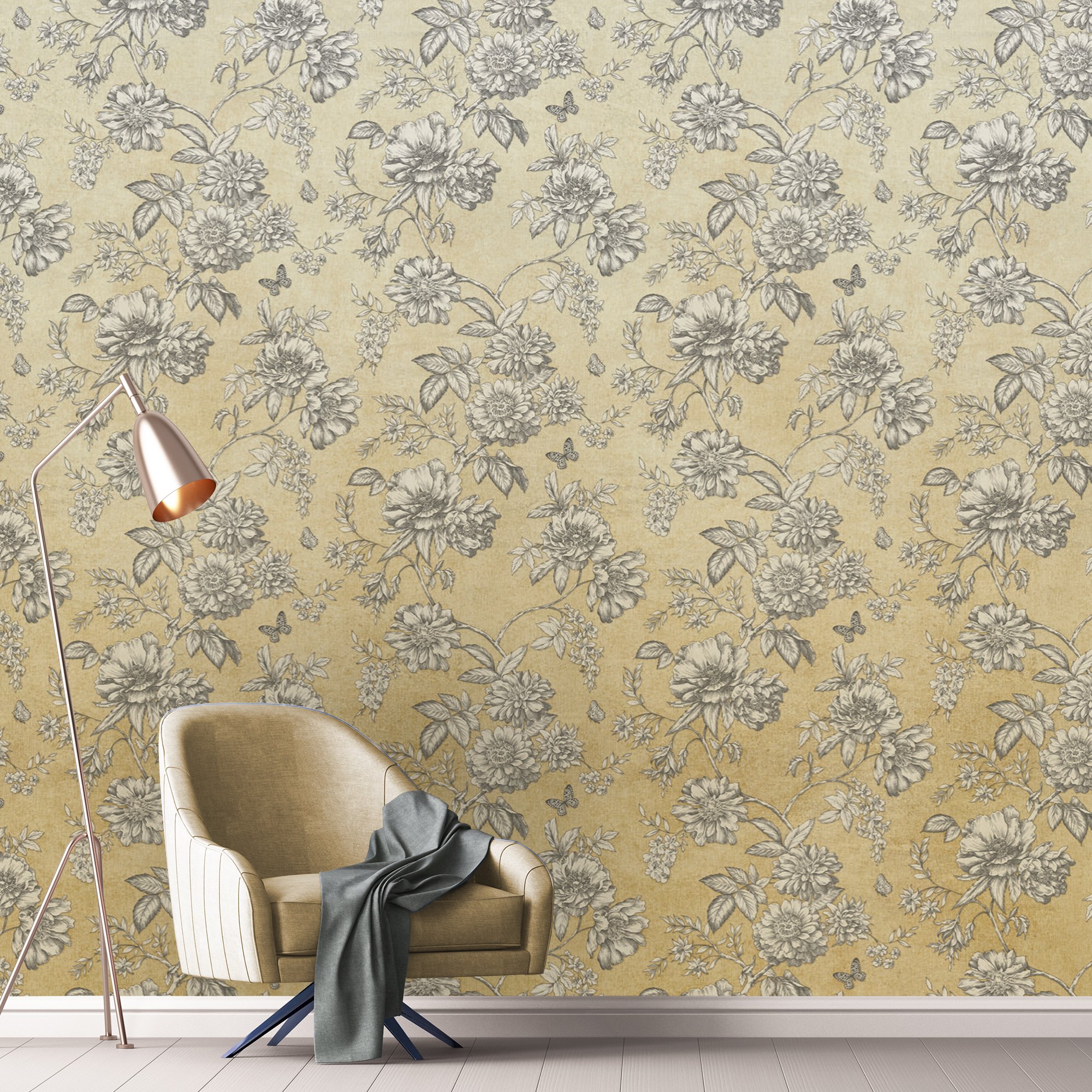 Grandeco Mimosa Ombre 3 lane Repeatable Textured Wallpaper Mural  - Yellow