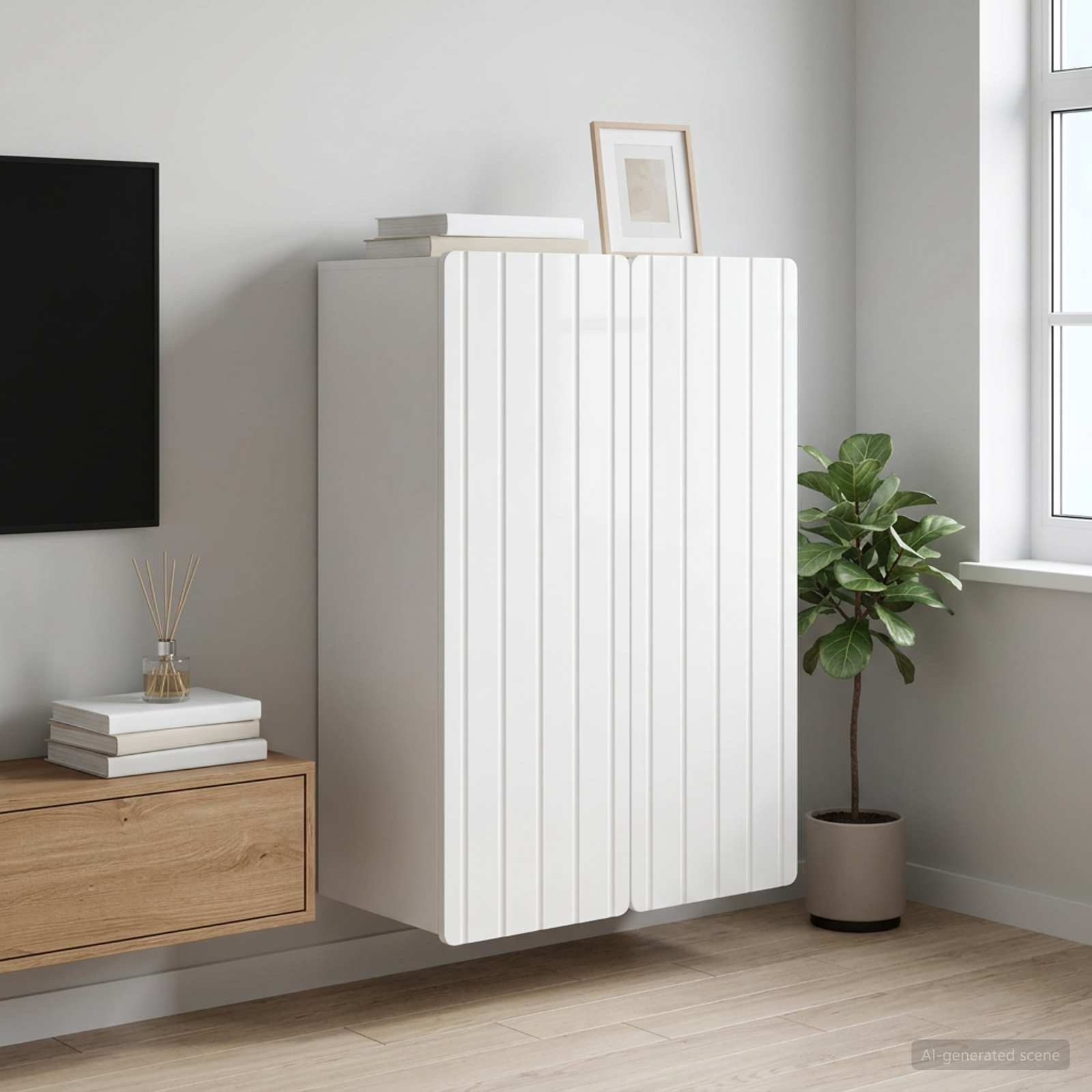 Walplus 2 Door High Gloss Wall Cabinet - White - 66 x 34.5 x 92 cm