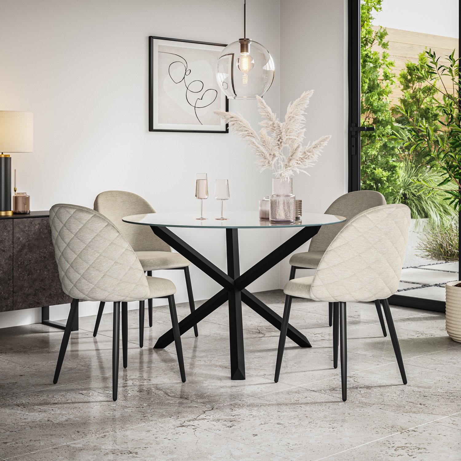 Furniture Online Malvern Round Glass Dining Table & 4 Raye Beige Chairs