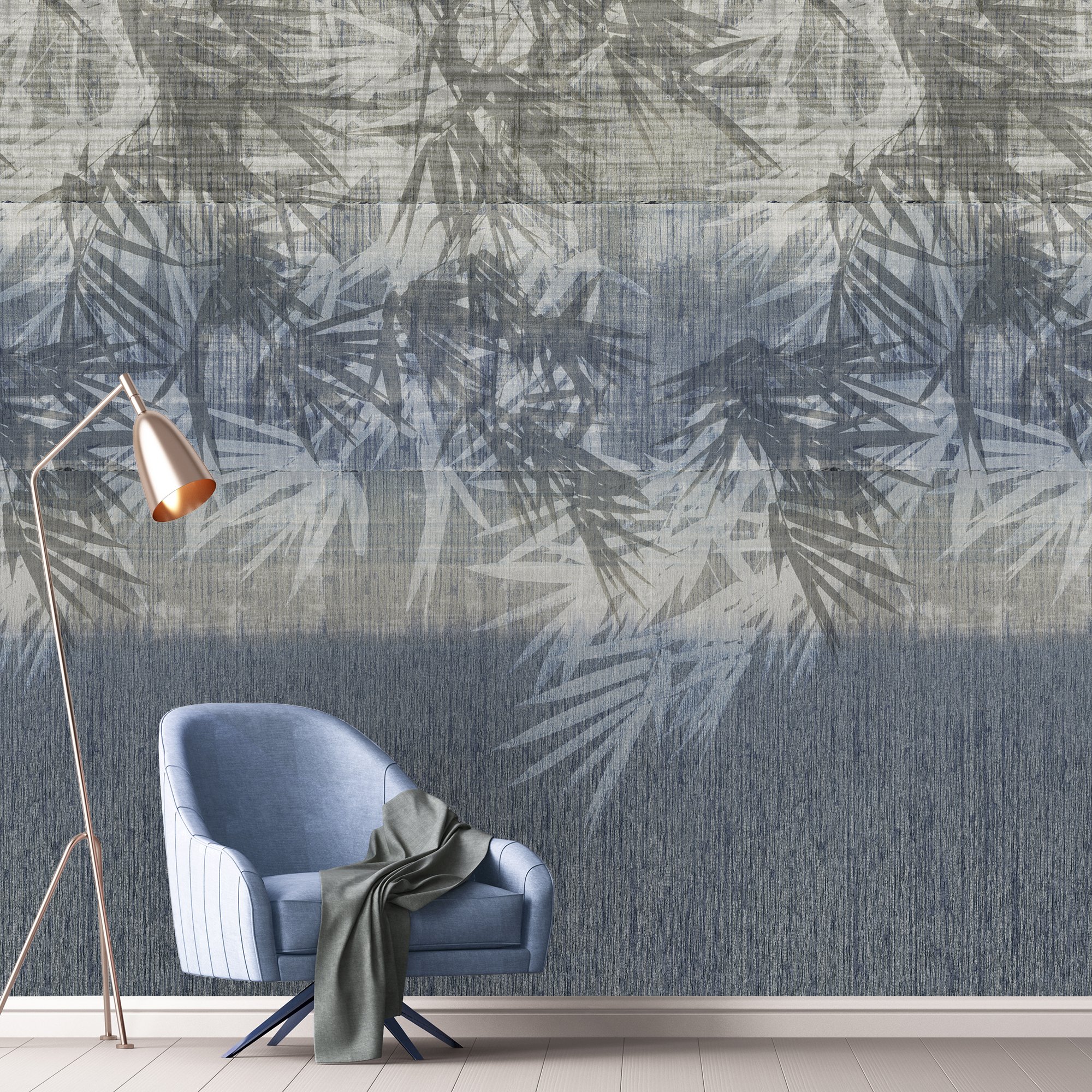 Grandeco Kamaru Leaf Silhouette 4 Lane Repeatable Wallpaper Mural  - Blue