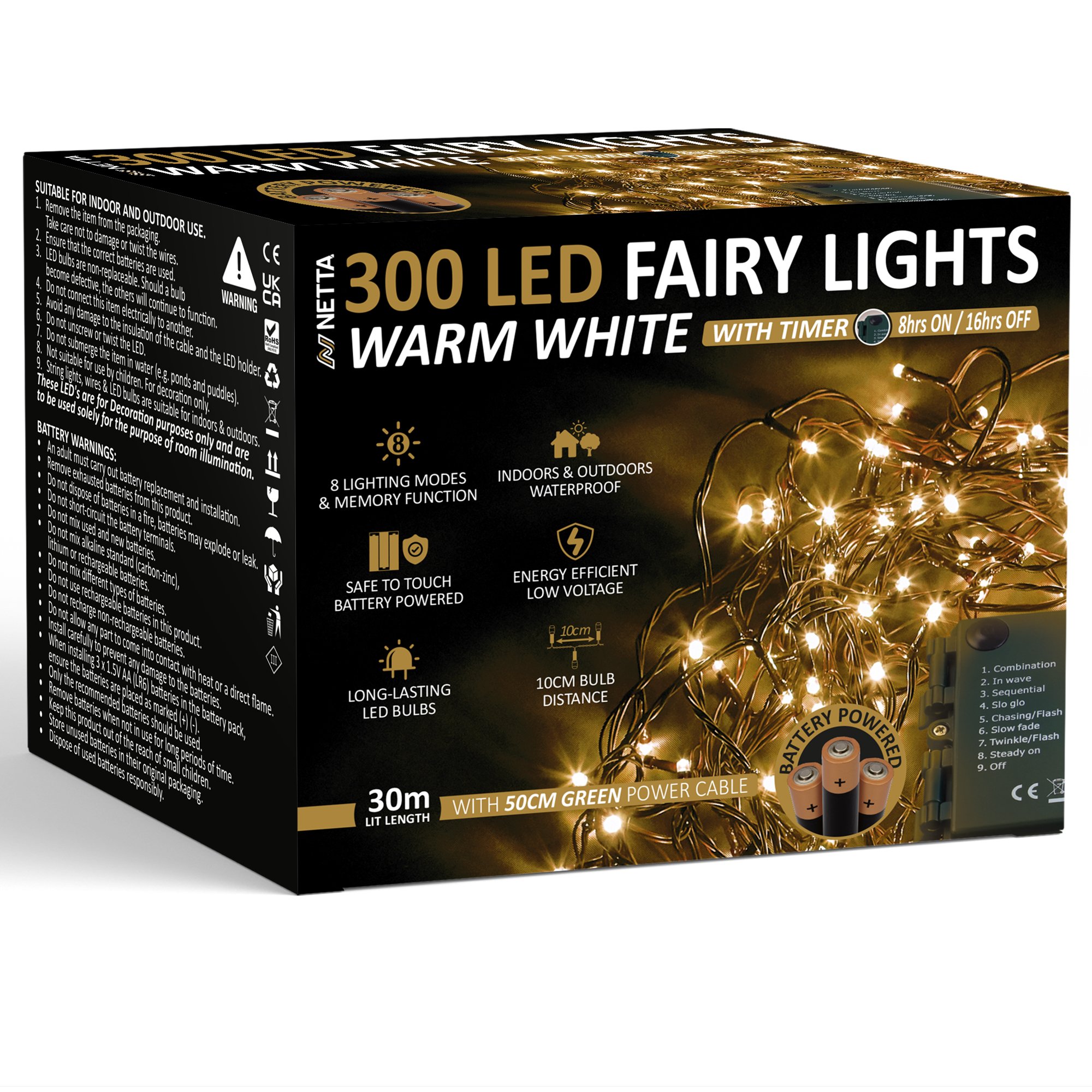 NETTA 30m 300 LED Battery Operated Christmas Fairy Lights - Warm White