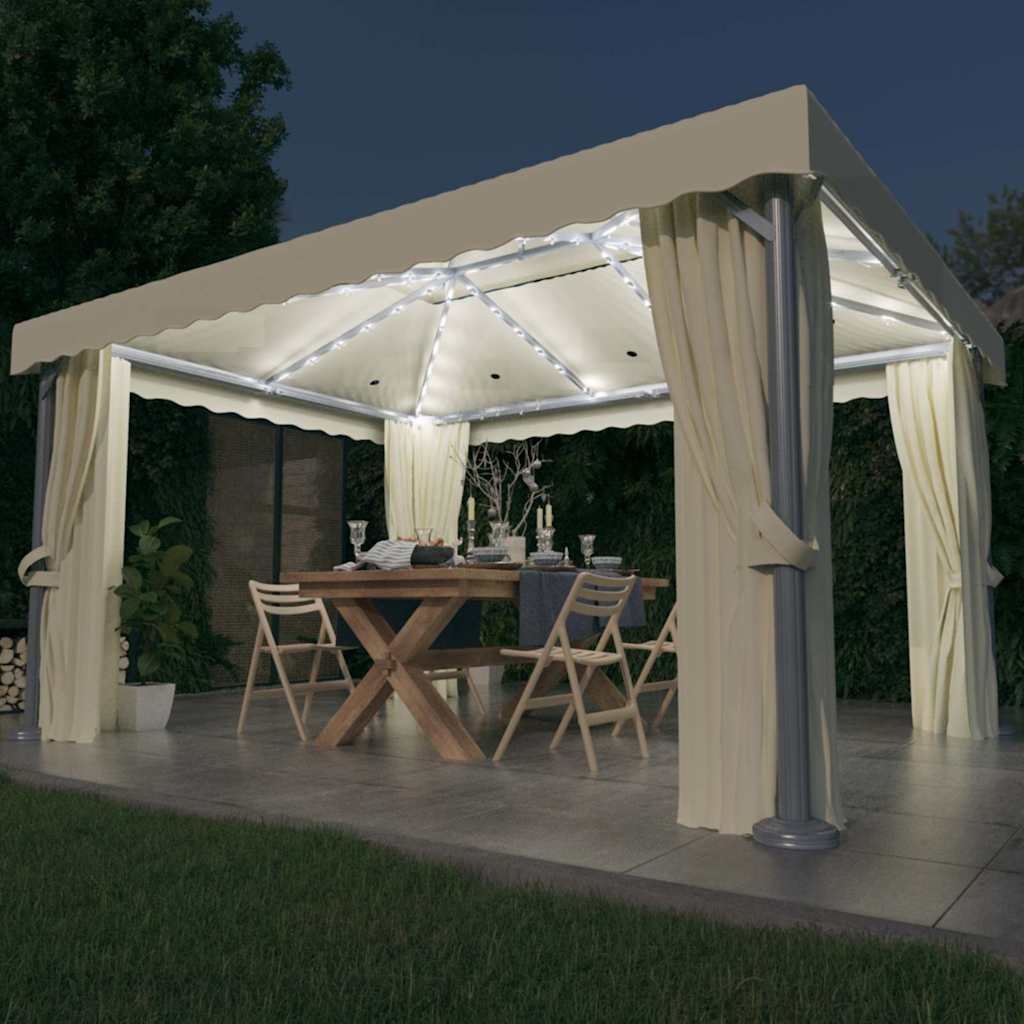 Walplus 4 x 3 m Gazebo with Curtain and LED String Lights - Cream White