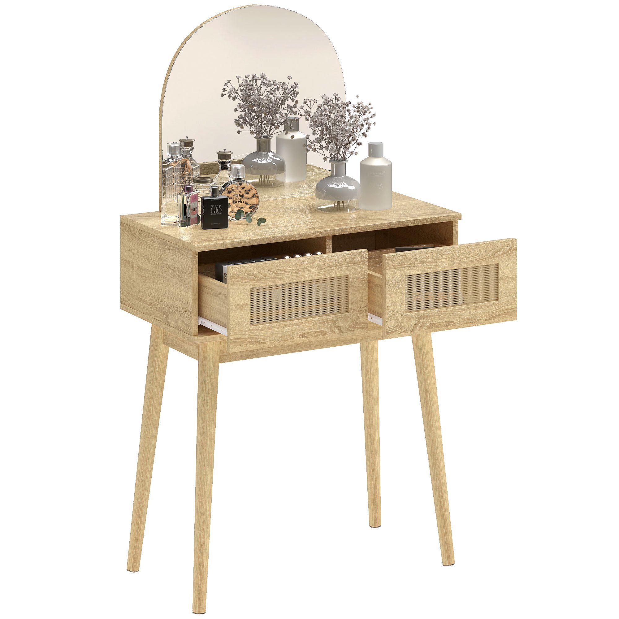 HOMCOM Dressing Table with Arched Mirror and 2 Drawers - Natural Wood Finish