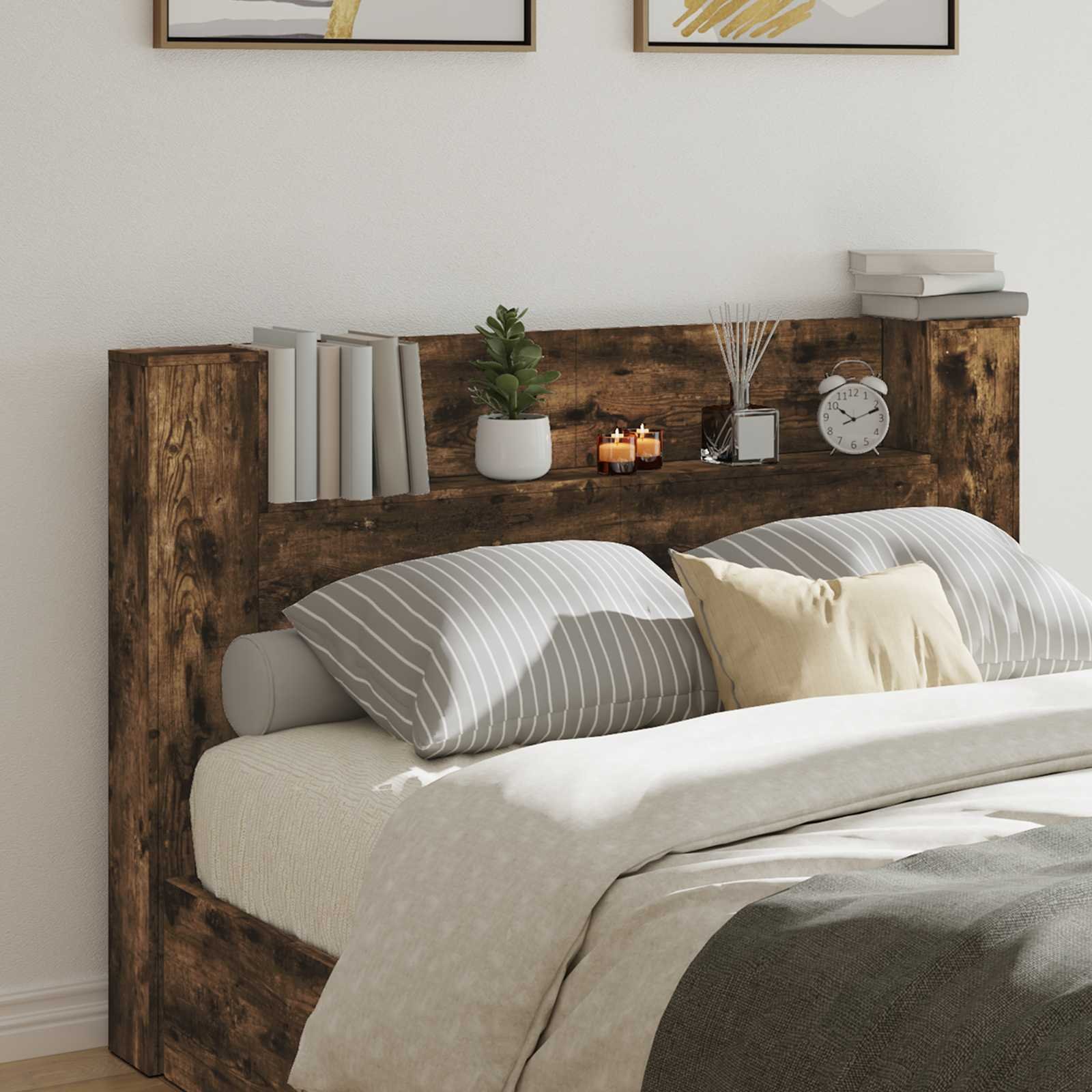 Walplus Wood LED Headboard Cabinet - Dark Oak - 160 x 16.5 x 103.5 cm