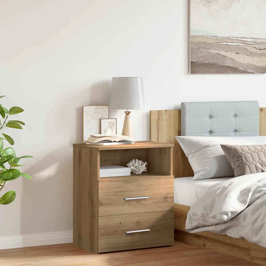 Walplus 2 Drawer Engineered Wood Bedside Cabinet - Oak - 50 x 32 x 60 cm