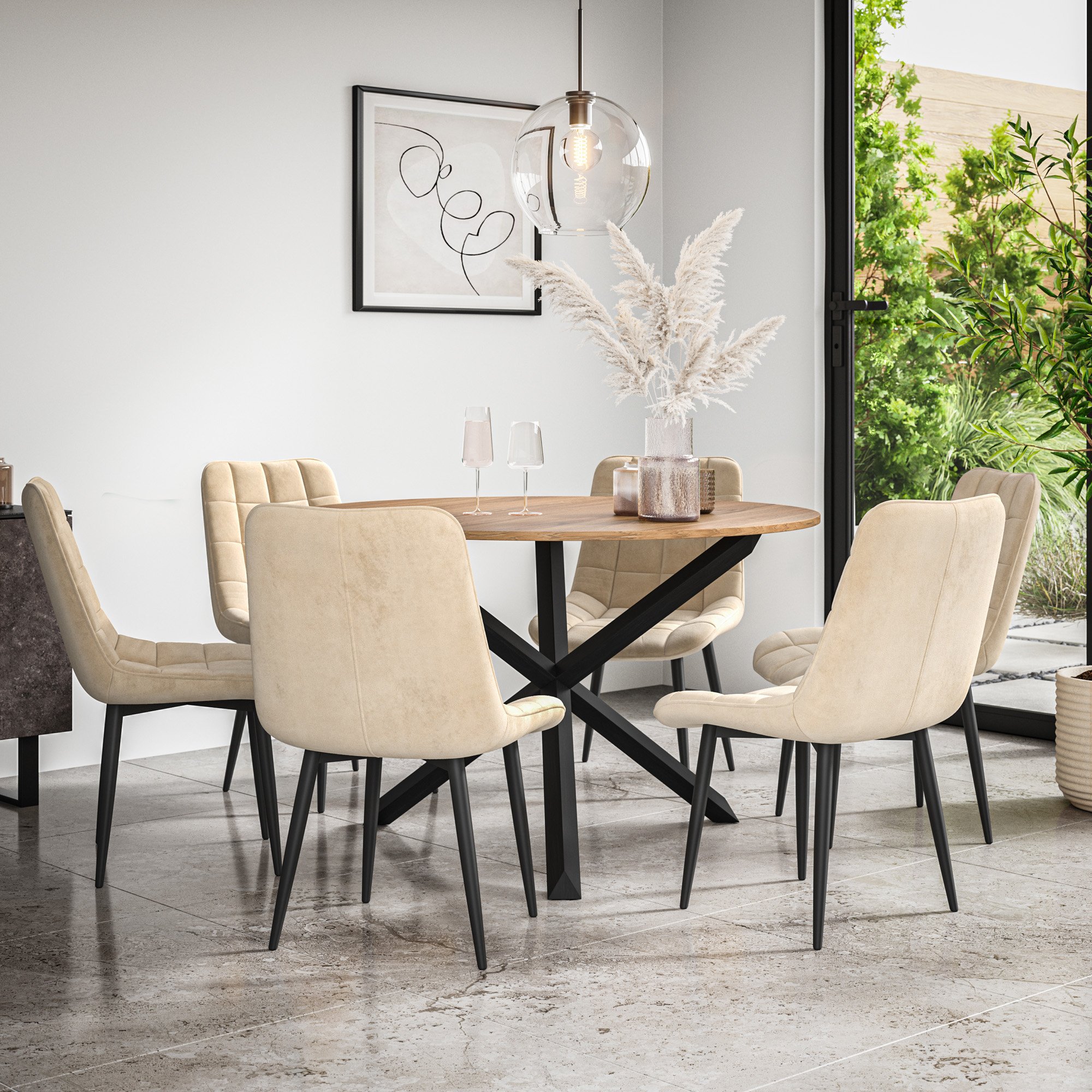 Furniture Online Malvern Nova Oak Table Dining Table & 6 Beige Chairs