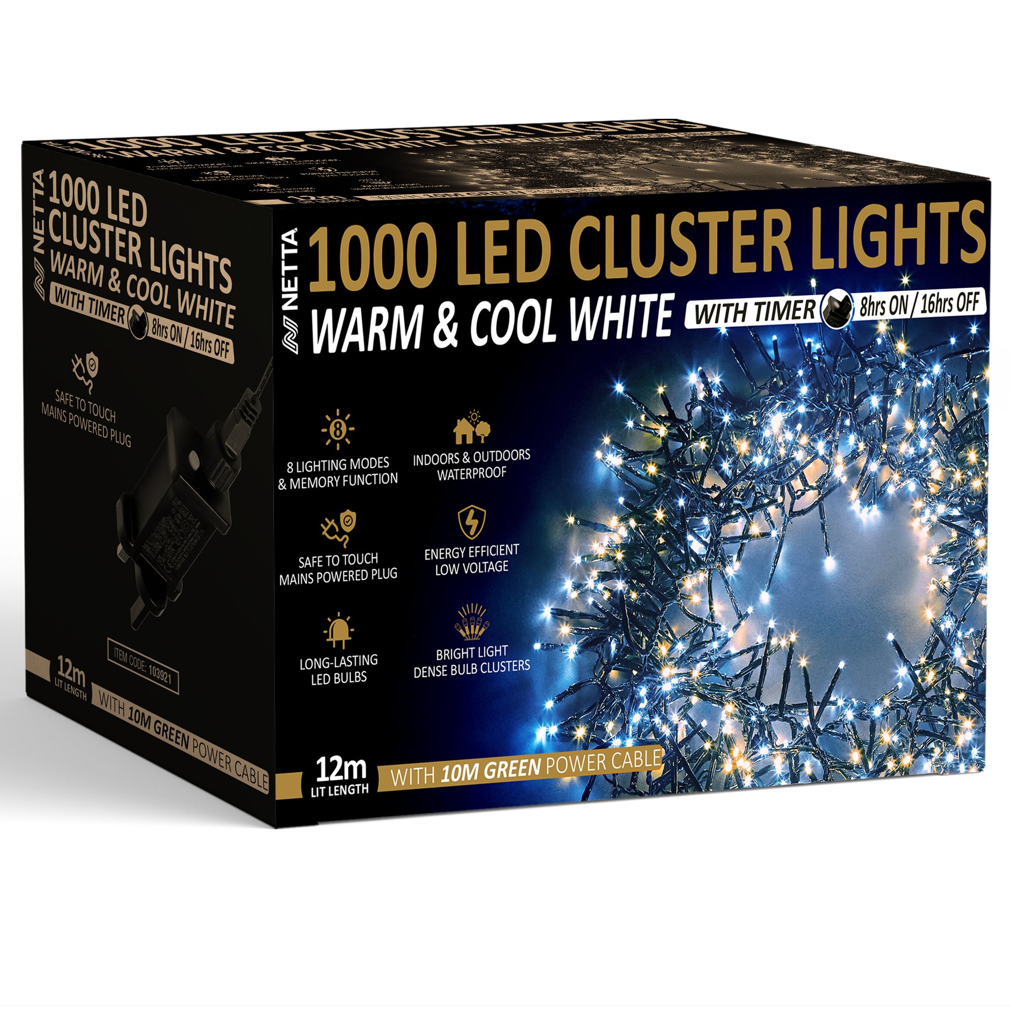 NETTA 1000 LED 12m Christmas Cluster Lights with Timer - Warm & Cool White
