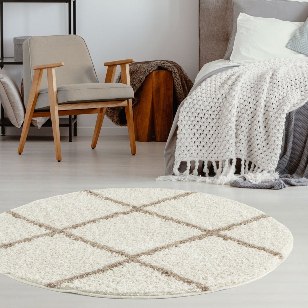 The Rugs  Cream and Beige Moroccan Shaggy Diamond Round Rug - 120cm