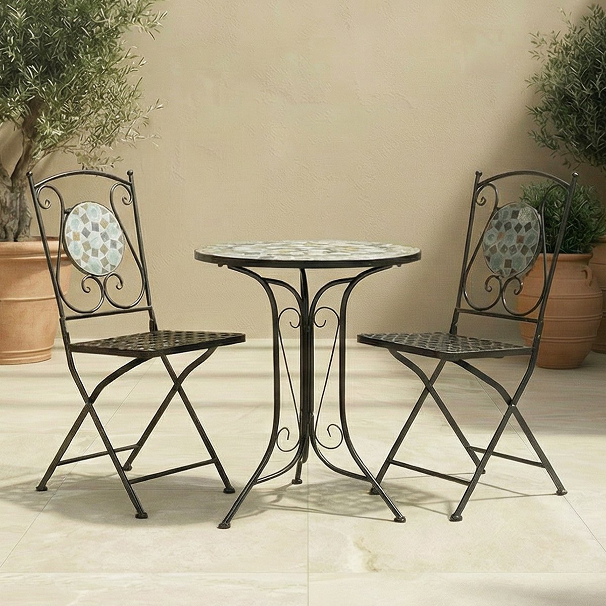 Charles Bentley 3 Piece Wrought Iron Mosaic Bistro Set - Black