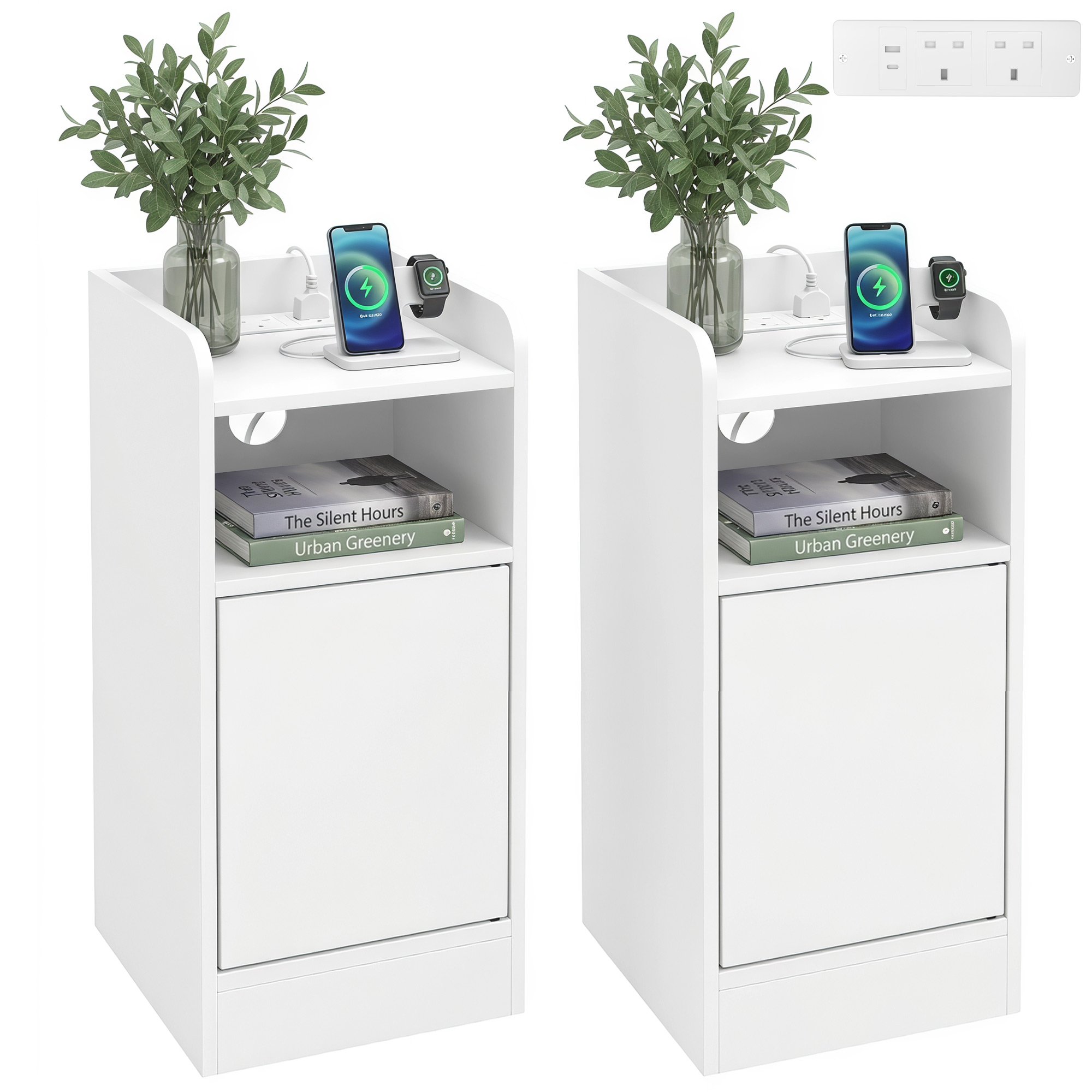 HOMCOM Set of 2 Bedside Table with Charging Station and Open Compartment - White