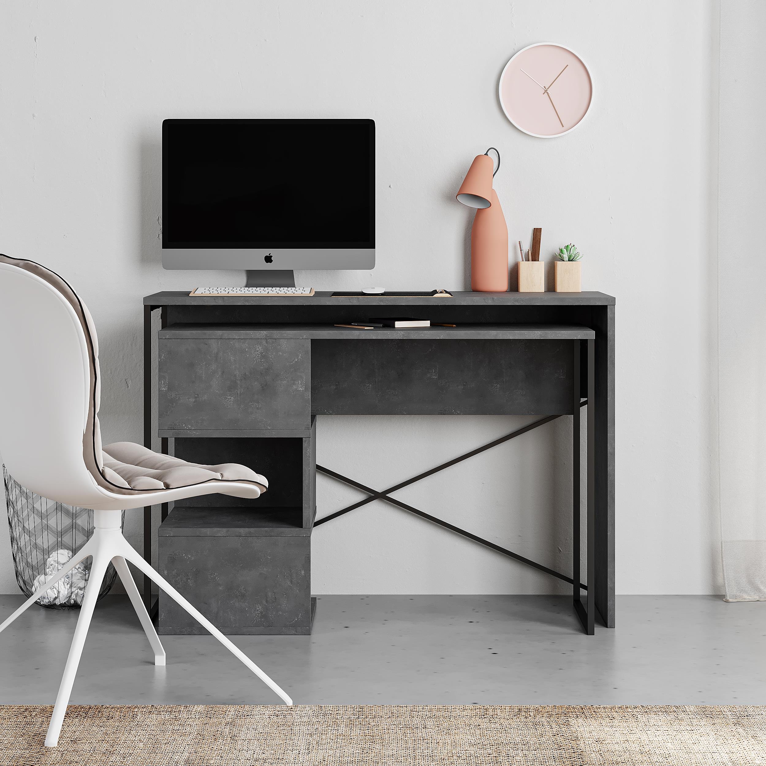 Decortie Badau Metal Frame L-Shaped Corner Desk Wood Effect Particleboard - Grey