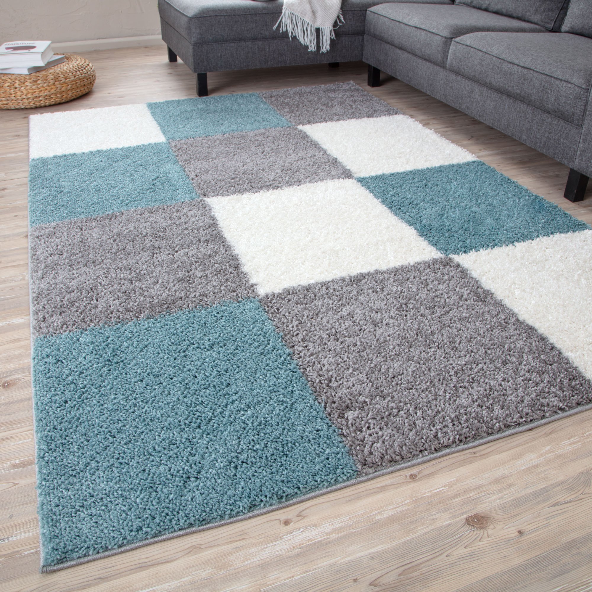 The Rugs Duck Egg Myshaggy Checkered Shaggy Rug - 60 x 110cm