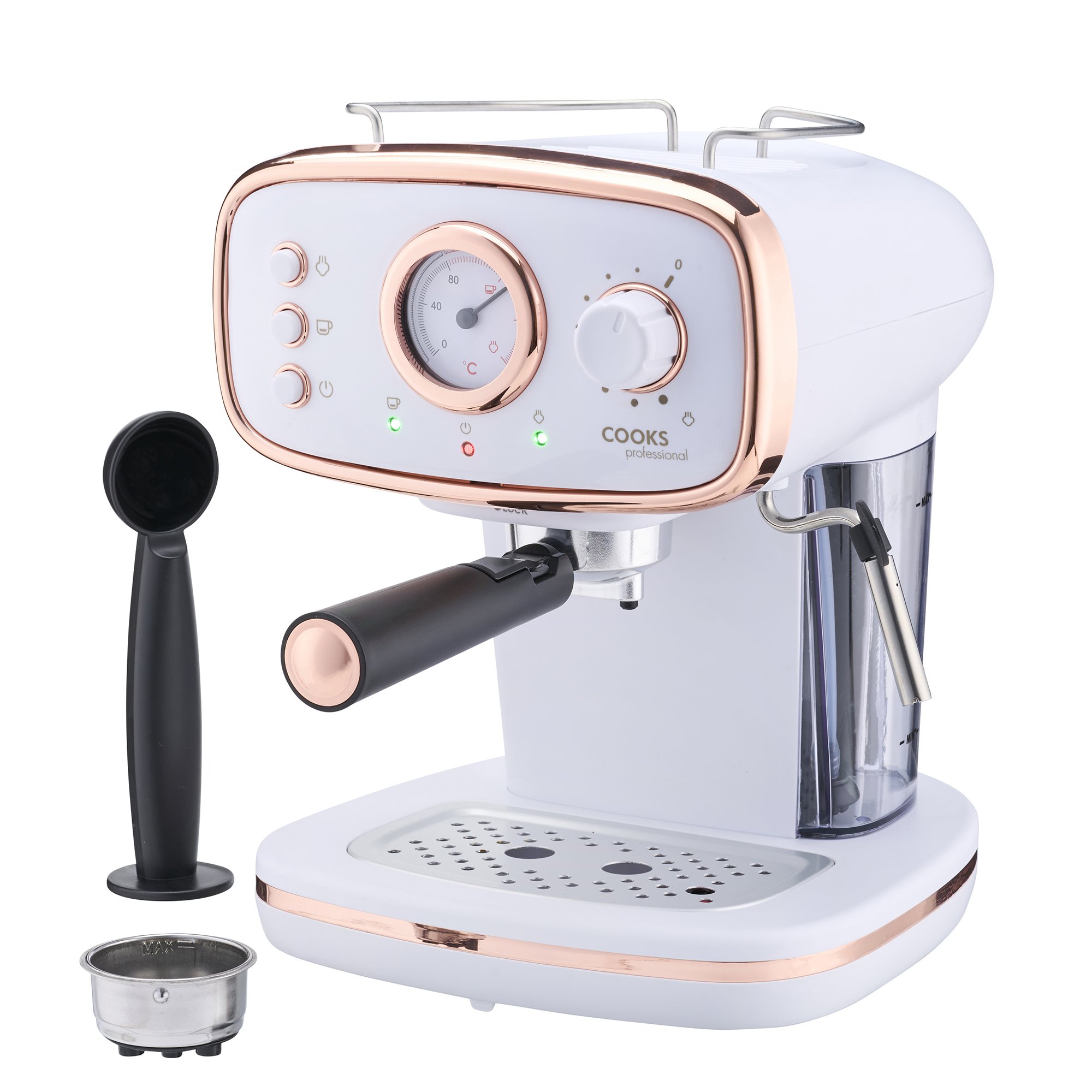 Cooks Professional Retro Espresso Machine 1.2L with Steam Wand - White/Copper