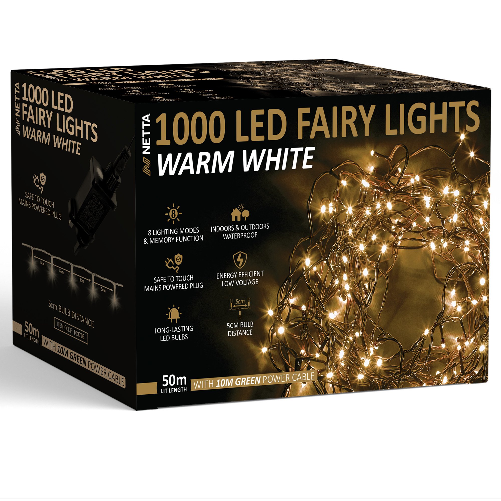 NETTA 1000 LED 50m Christmas Fairy String Lights -  Warm White