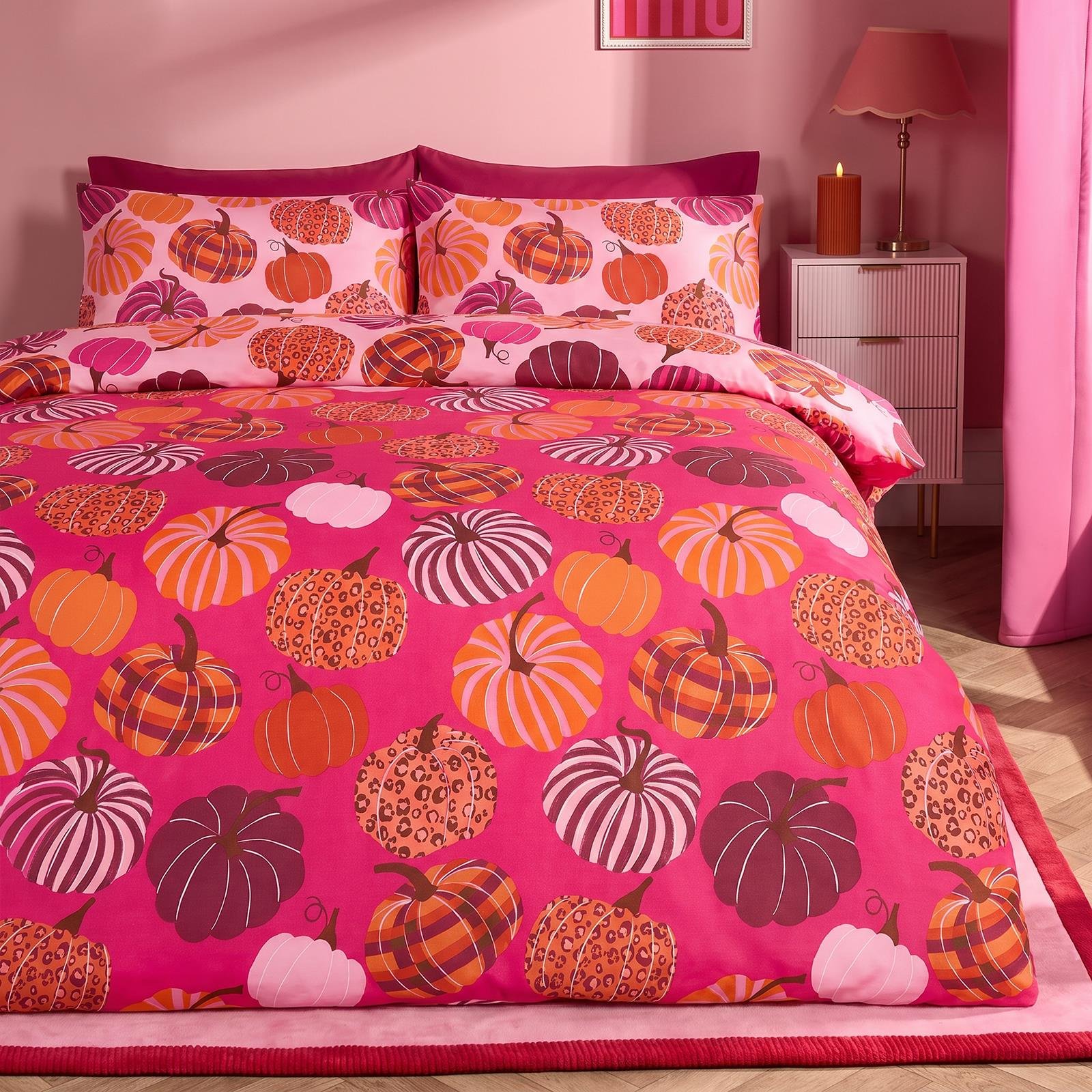 OHS Pumpkin Print Reversible Duvet Cover Set - Hot Pink - Single